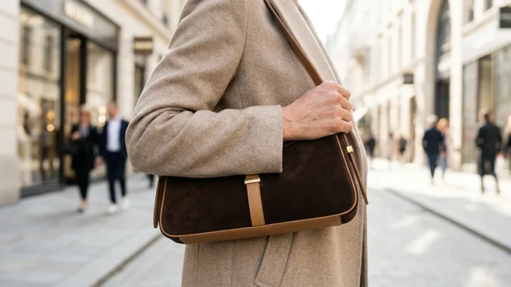 Luxury East-West elongated handbag crafted from premium chocolate brown suede and smooth calfskin leather