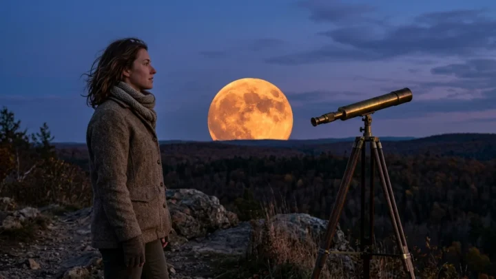 Glowing orange October Hunter's Moon rising in the night sky