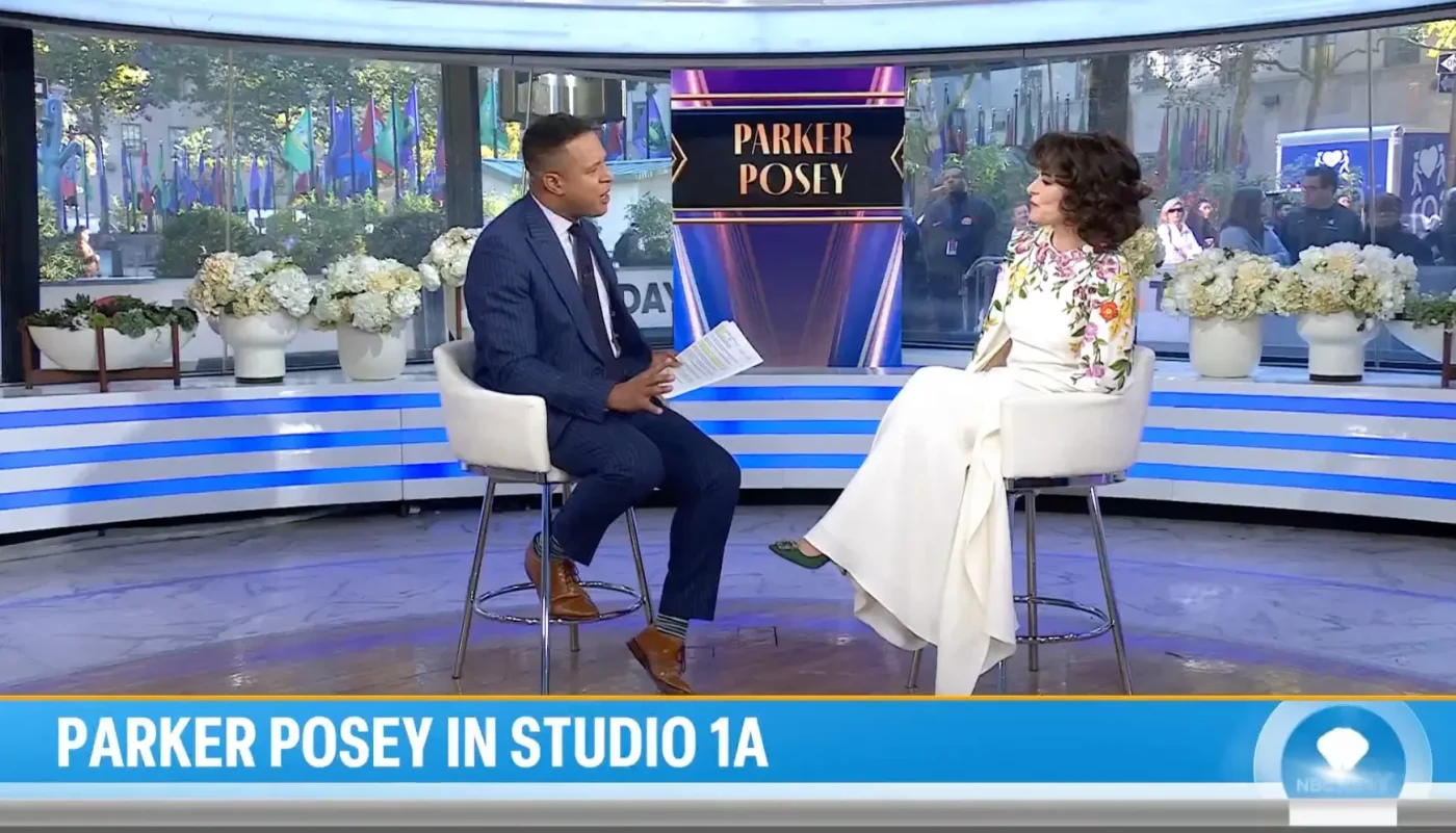Craig Melvin interviewing Parker Posey on the set of the Today show.