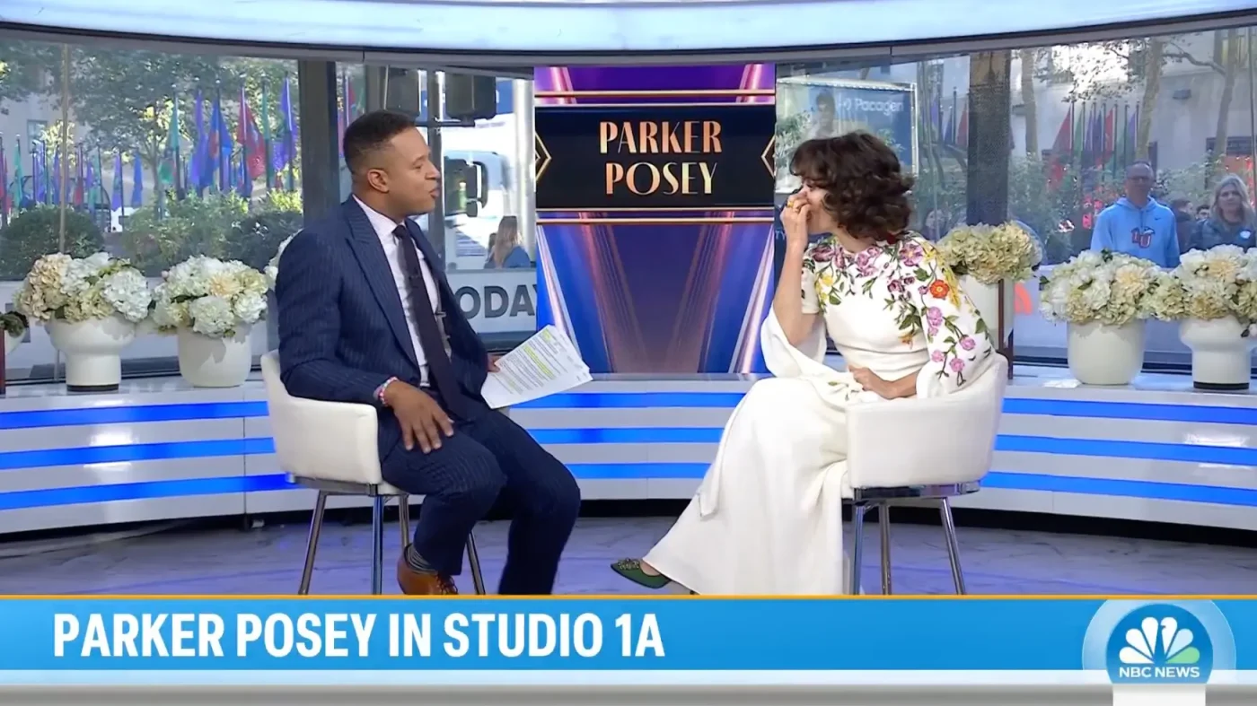 Craig Melvin interviewing Parker Posey on the TODAY show set.