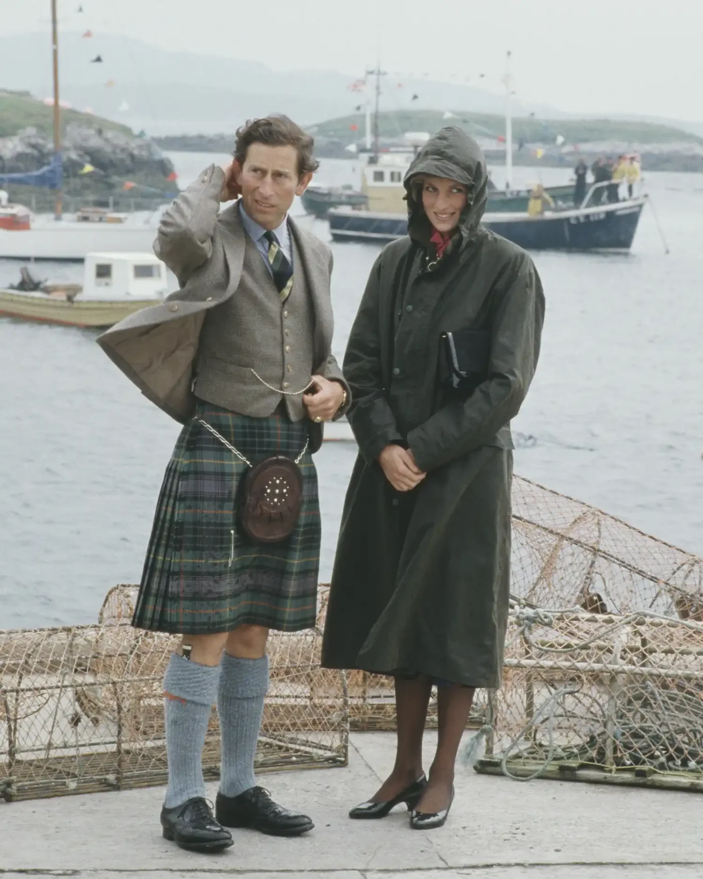 Diana, Princess of Wales (1961 - 1997) and Prince Charles visit Lochmaddy, in the Outer Hebrides of Scotland, June 1985. He is wearing a kilt. (Photo by Jayne Fincher/Princess Diana Archive/Getty Images)