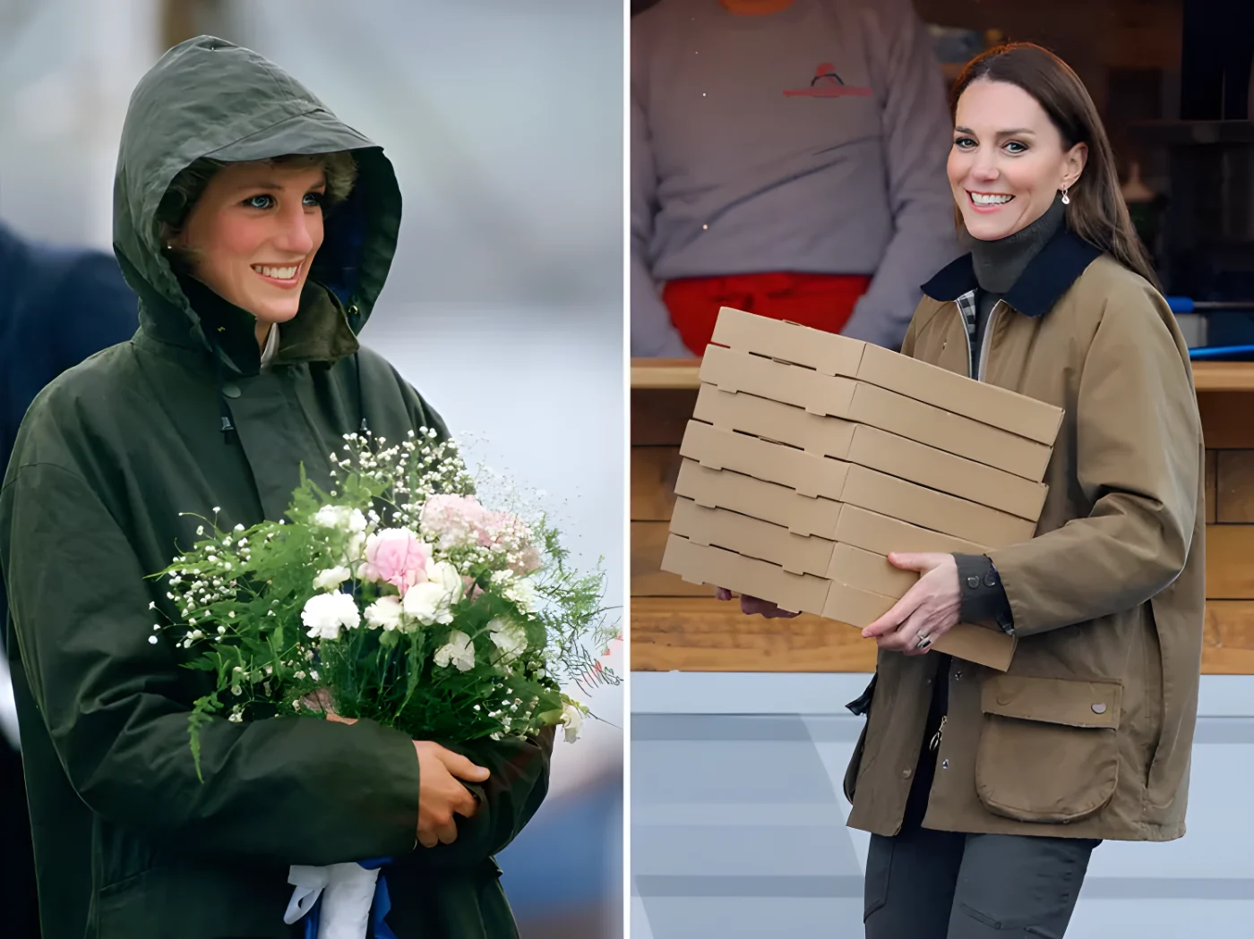 Diana Princess of Wales smiling and holding a bouquet of flowers another individual holding a stack of pizza boxes