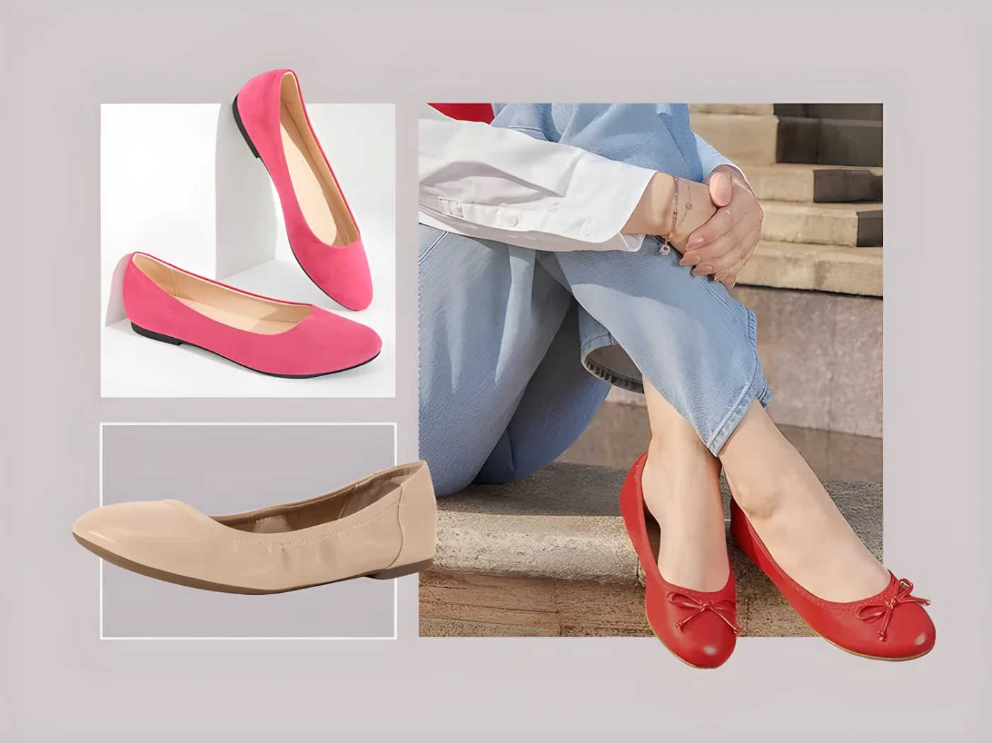 Different styles of foldable flats including red pink and beige designs displayed on a collage background with a person wearing one pair