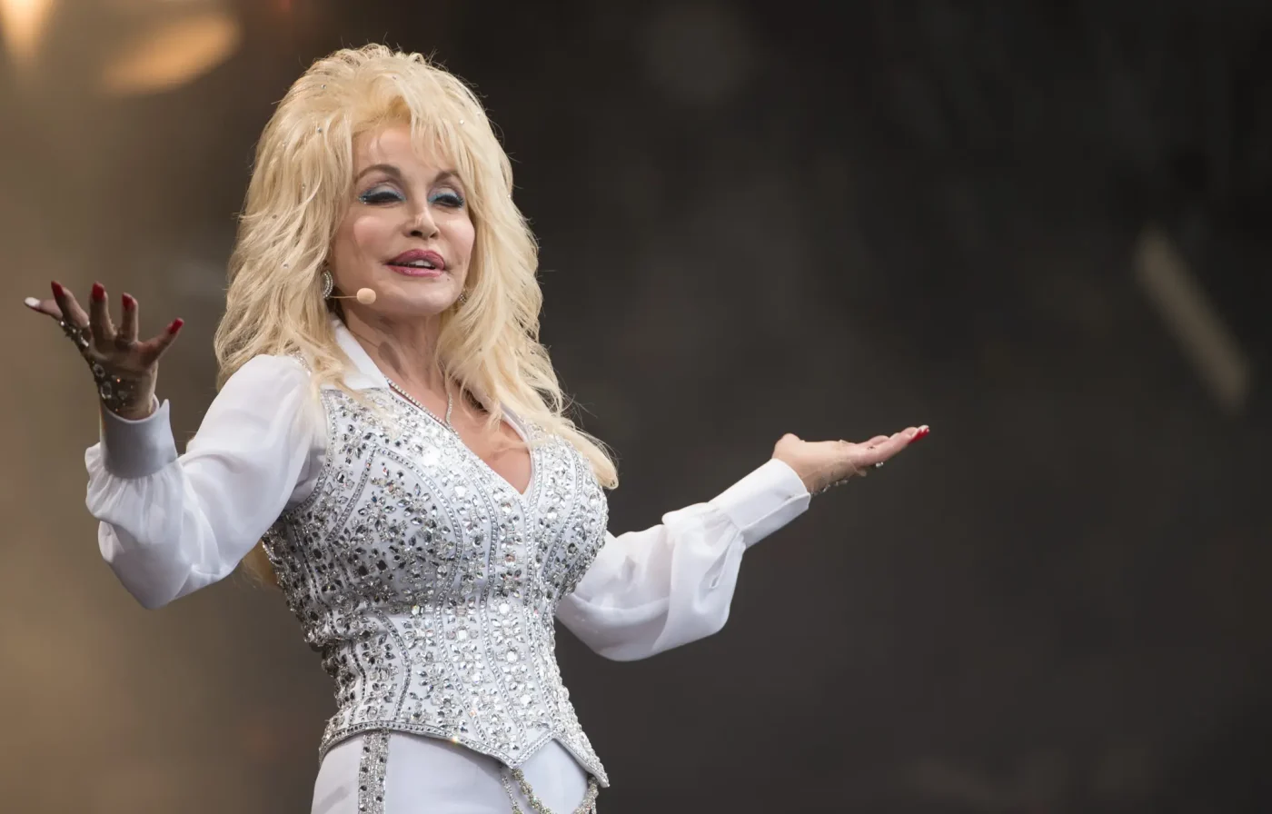 Dolly Parton performs on the Pyramid Stage at the Glastonbury Festival.