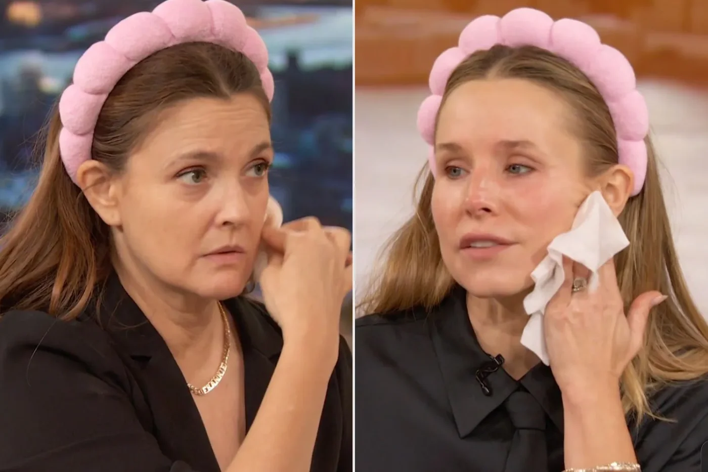 Drew Barrymore and Kristen Bell wearing matching headbands engaged in a skincare routine