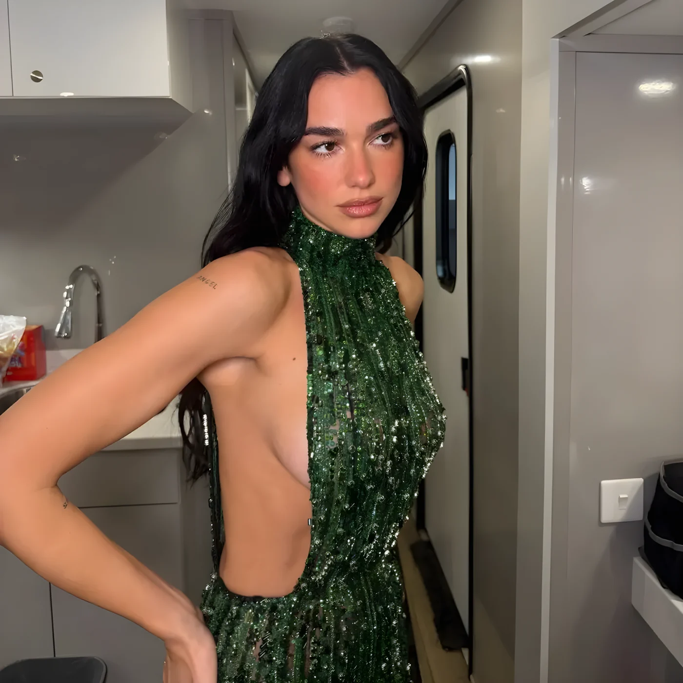 dua lipa green cutout dress