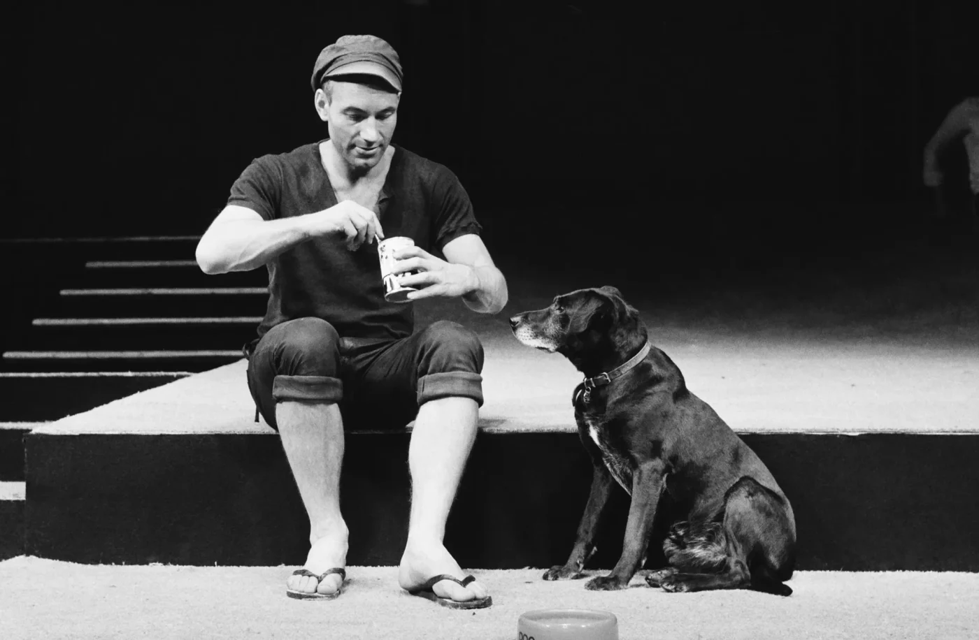 English actor Patrick Stewart as Launce, with his dog Crab, during rehearsals for Robin Phillips
