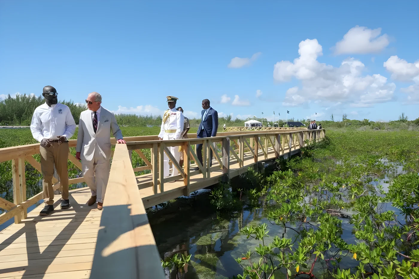 Four men in formal attire walk across a wooden bridge over a mangrove area.