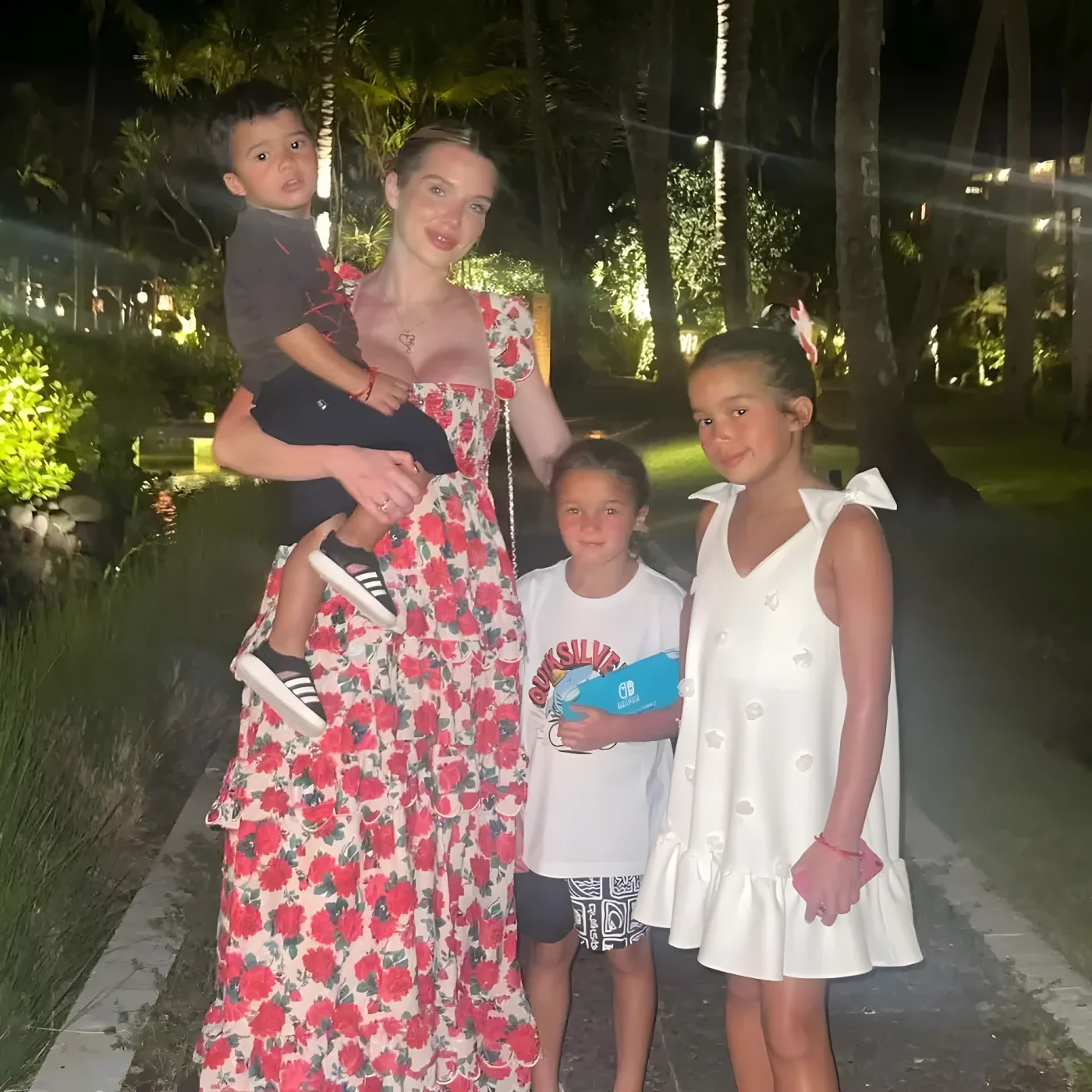 helen flanagan in floral dress in bai with kids
