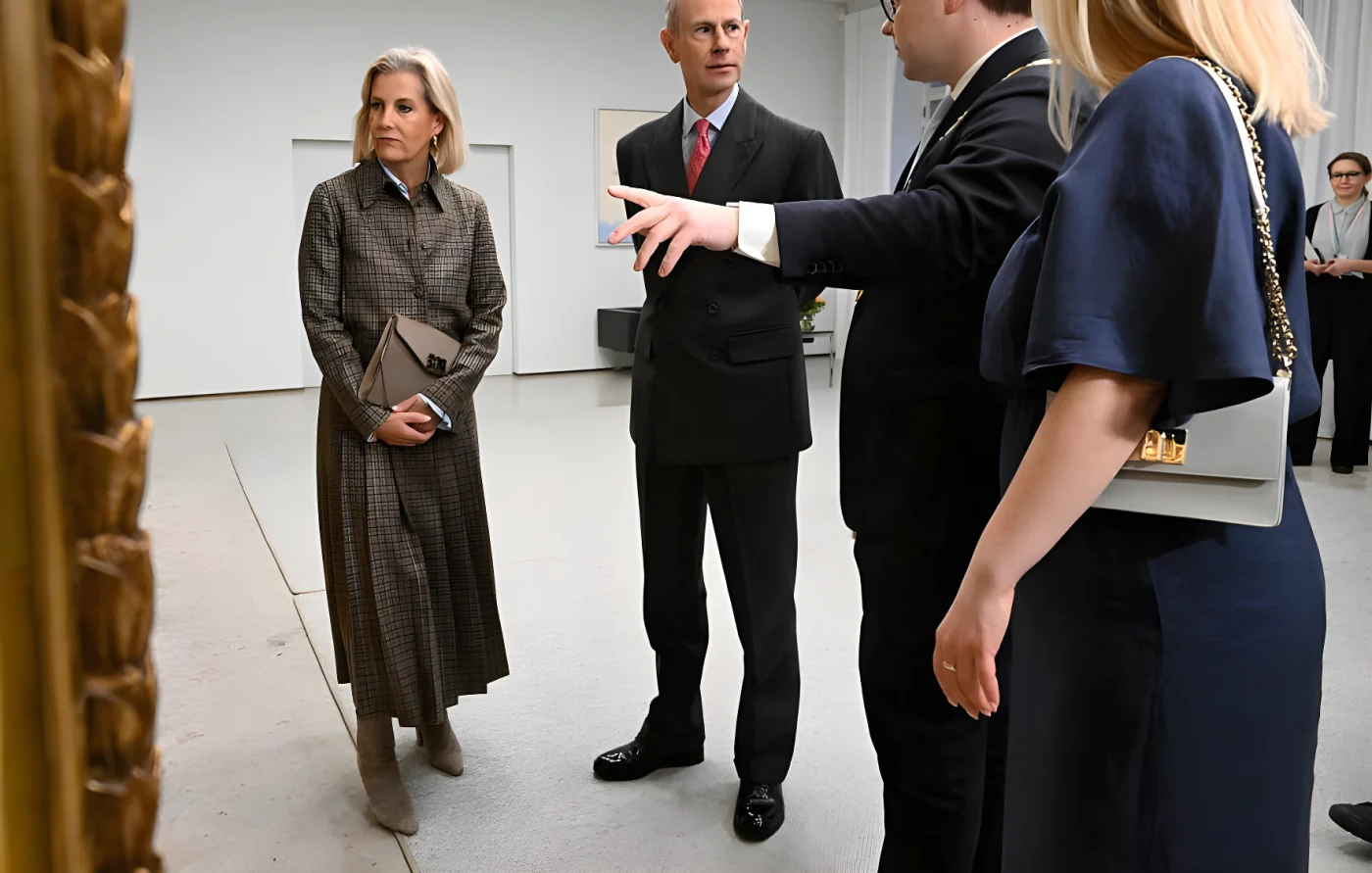 helsinki mayor daniel sazonov (2ndr) gestures next to britains prince edward, duke of edinburgh, and sophie, duchess of edinburgh (l), around helsinki city hall, accompanied by his wife anita westerholm (r), in helsinki, finland, on october 26, 2026. the duke and duchess of edinburgh are on an official visit to finland from october 26 to 28. (photo by mikko stig / lehtikuva / afp via getty images) / finland out