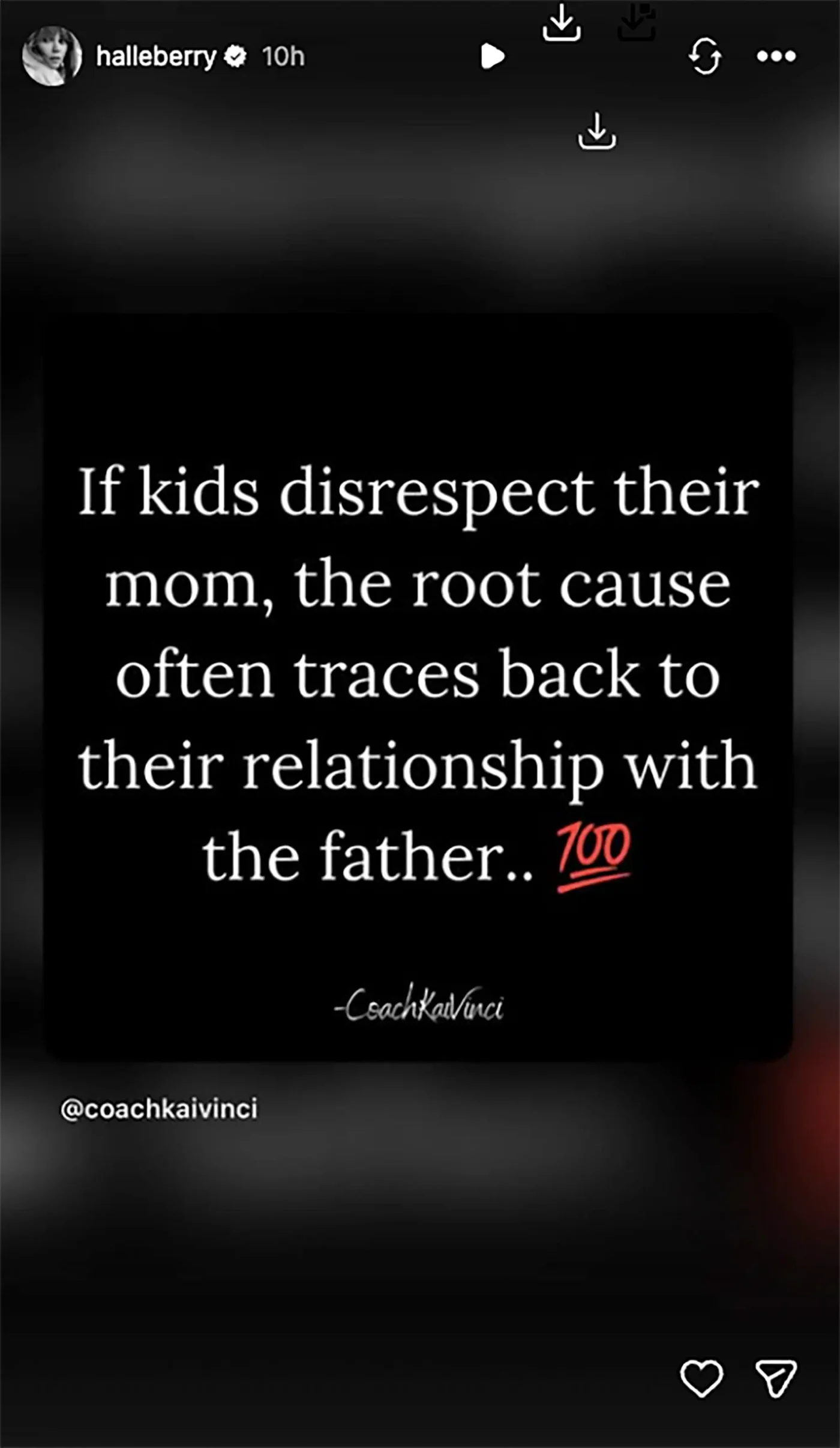 Instagram story featuring a quote about family relationships by @coachkaivinci.