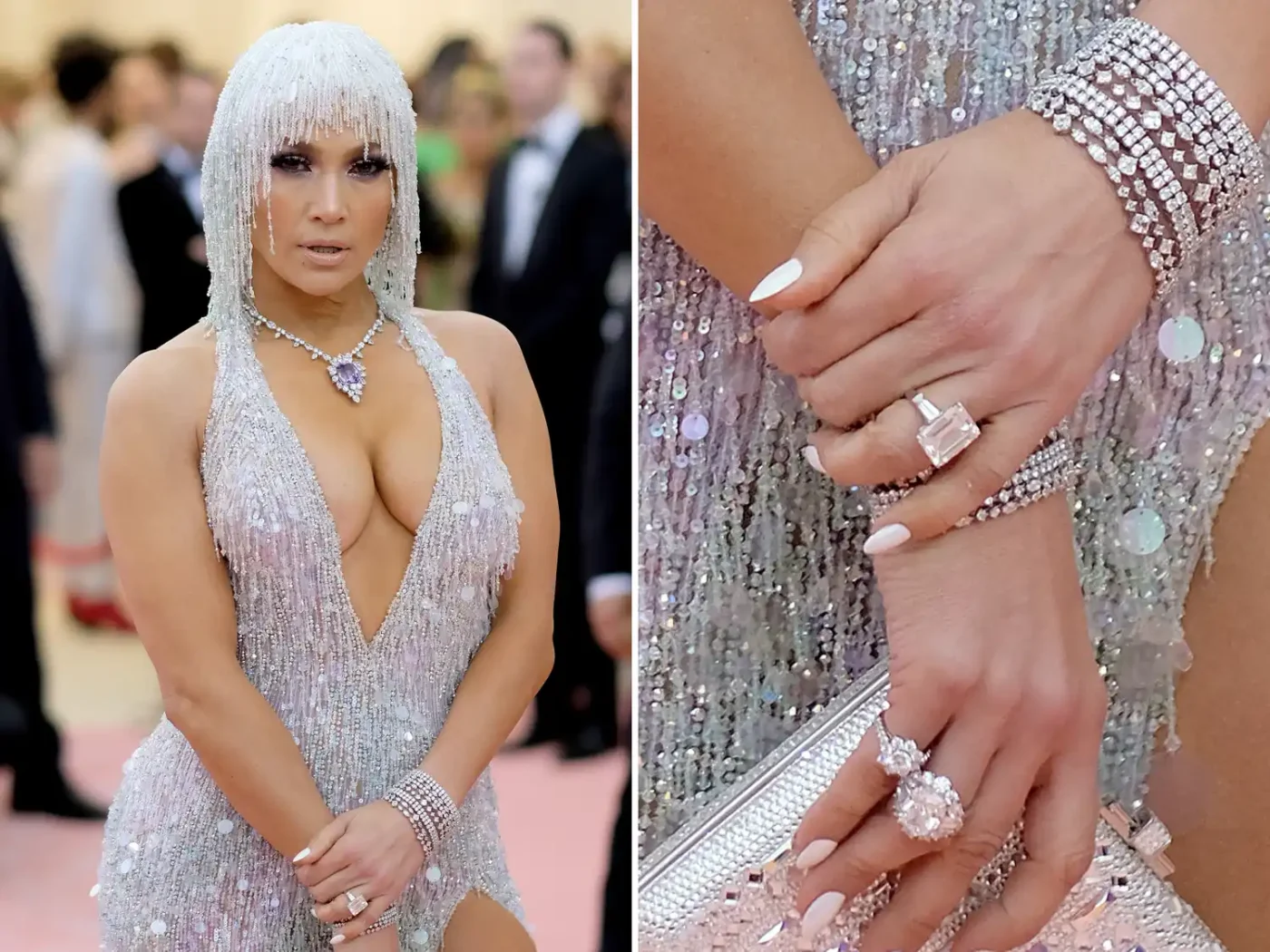 Jennifer Lopez posing at an event closeup of hands showing engagement rings