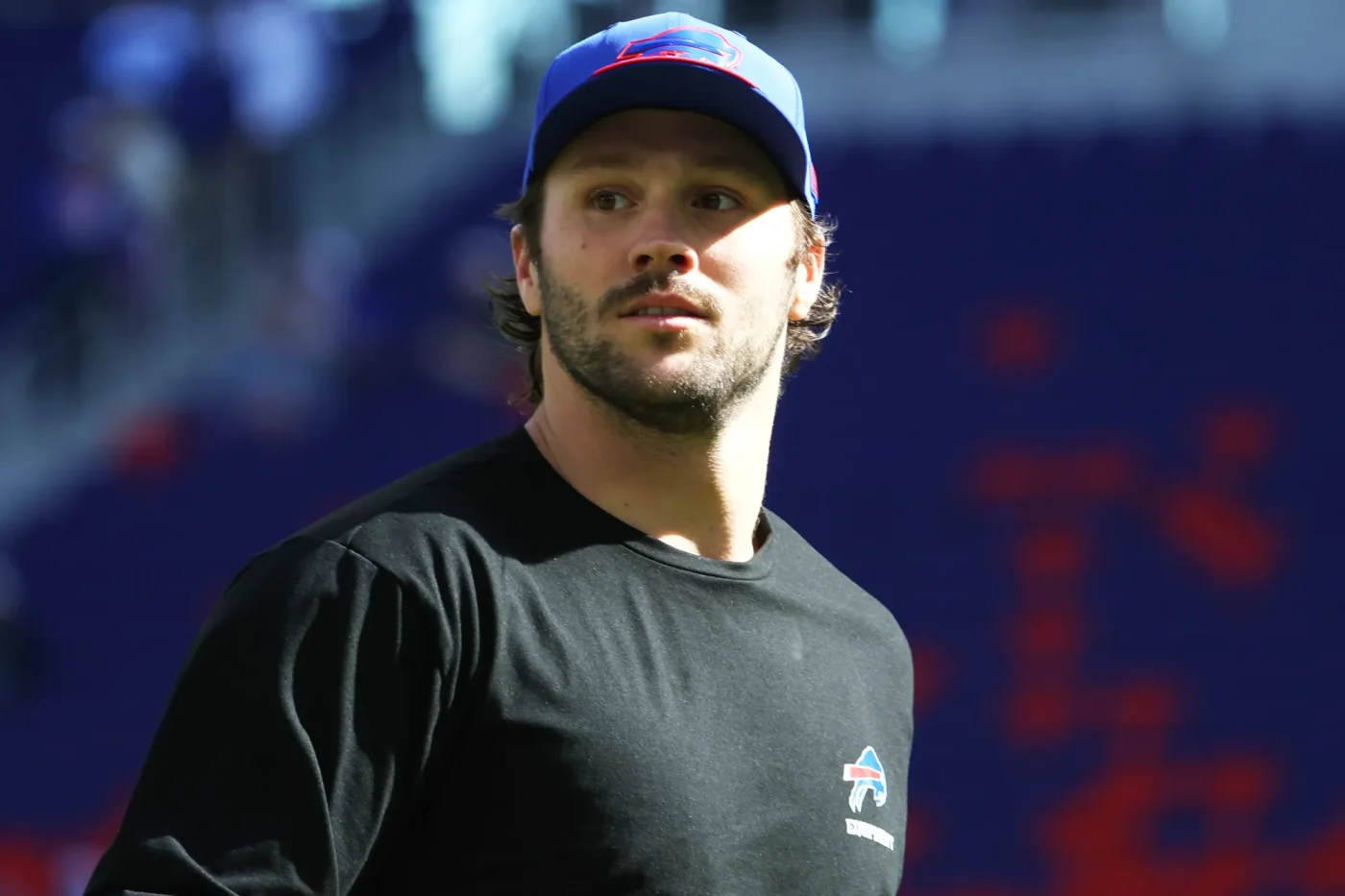 Josh Allen #17 of the Buffalo Bills on the field before a game against the Los Angeles Chargers