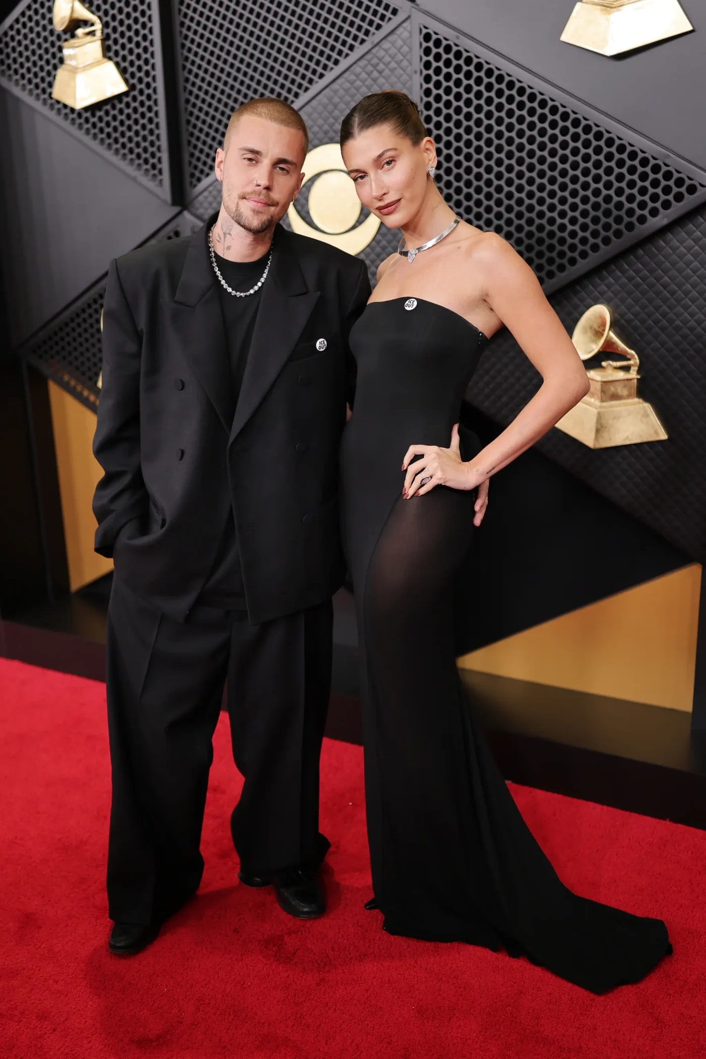 Justin Bieber and Hailey Bieber on the red carpet at the 68th GRAMMY Awards.