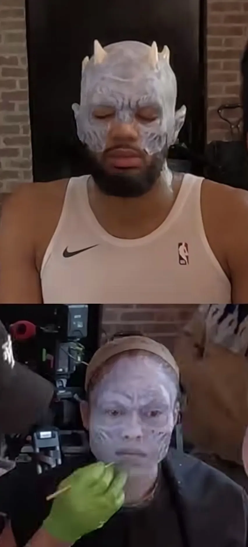 Karl-Anthony Towns and Jordyn Woods in makeup chairs