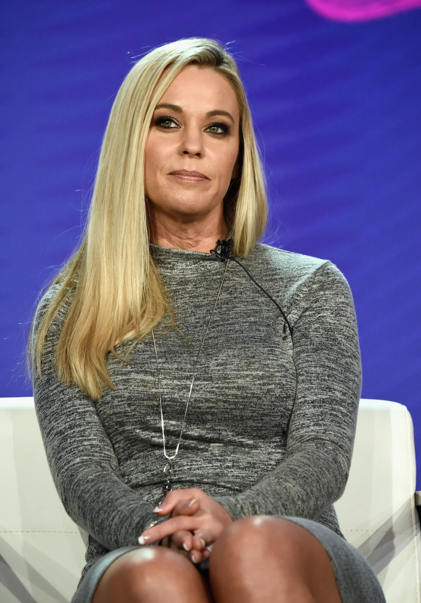 Kate Gosselin sitting onstage during the Television Critics Association press tour.