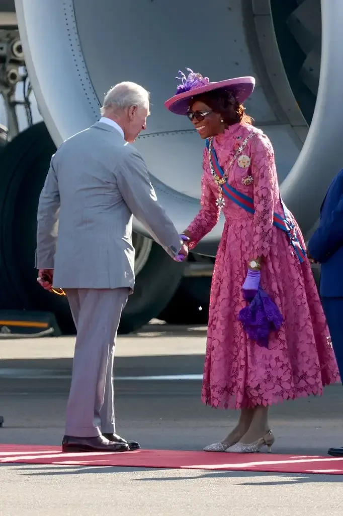 King Charles greets the Governor-General of The Bahamas, Dame Cynthia Pratt during his visit to The Bahamas