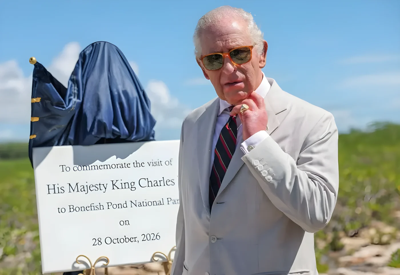 King Charles III in a light gray suit and orange sunglasses, standing by a commemorative sign.