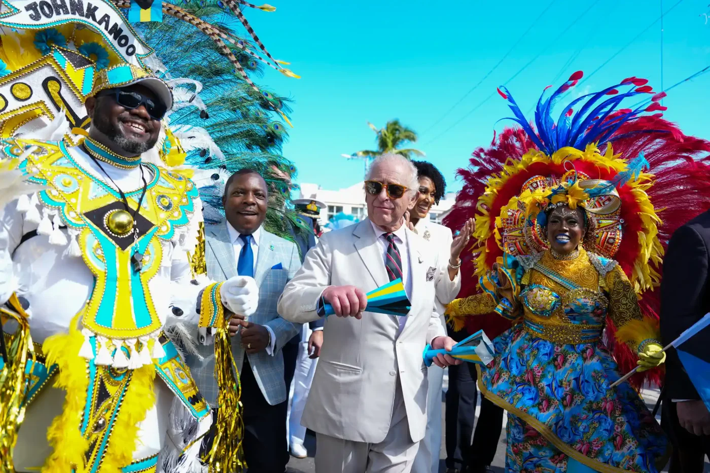 King Charles III joins a Junkanoo parade in Parliament Square during his visit to The Bahamas on October 28, 2026 in Nassau, Bahamas.
