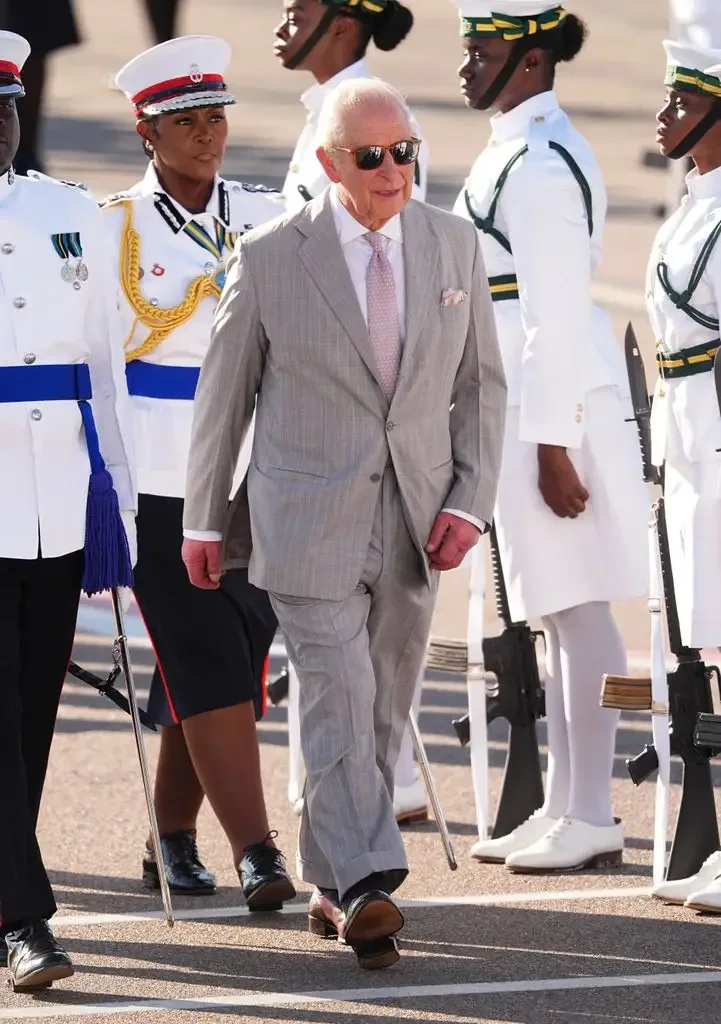 King Charles in a grey suit and pink tie, walks among uniformed officers.