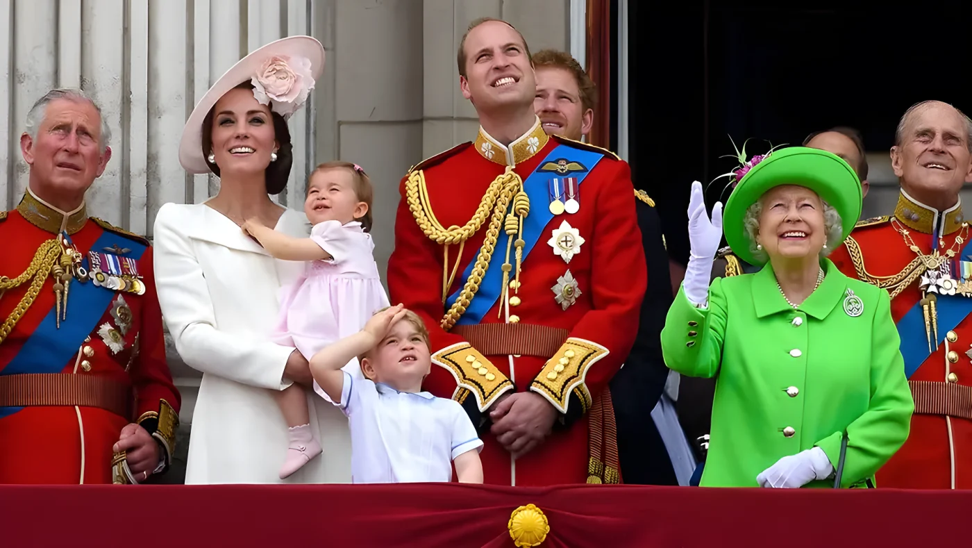 King Charles, Princess Kate, Princess Charlotte, Prince George, Prince William, Prince Harry, Queen Elizabeth II and Prince Philip stand on the balcony at the Trooping the Colour 2016