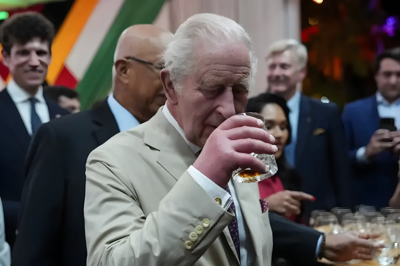 King Charles smells a glass of a special Guyanese rum created in his honour