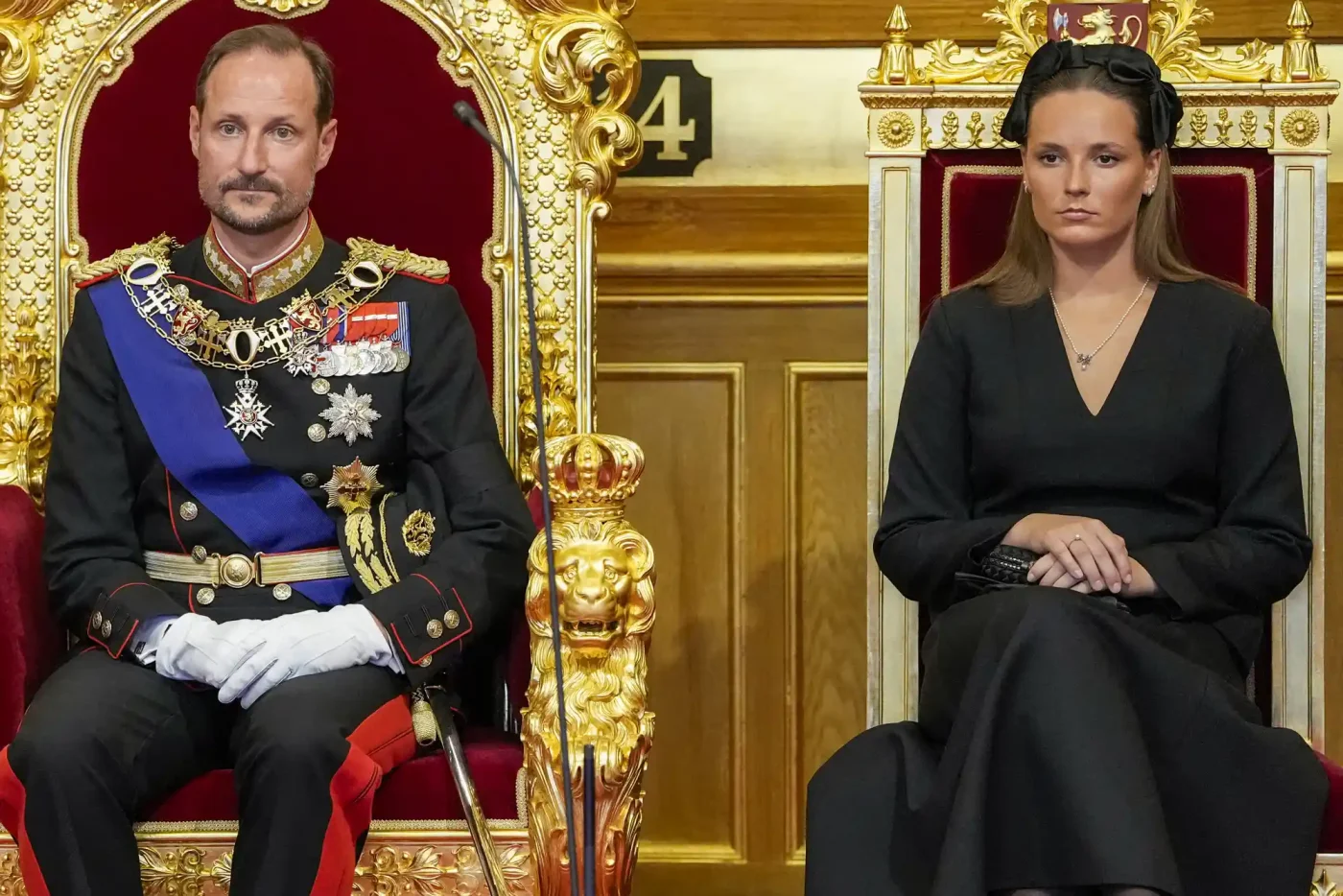 King Haakon of Norway (C) and Crown Princess Ingrid Alexandra of Norway (R) is greeted by the President of the parliament Masud Gharahkhani (L) attending the ceremonial opening of the 171st Storting (Norway