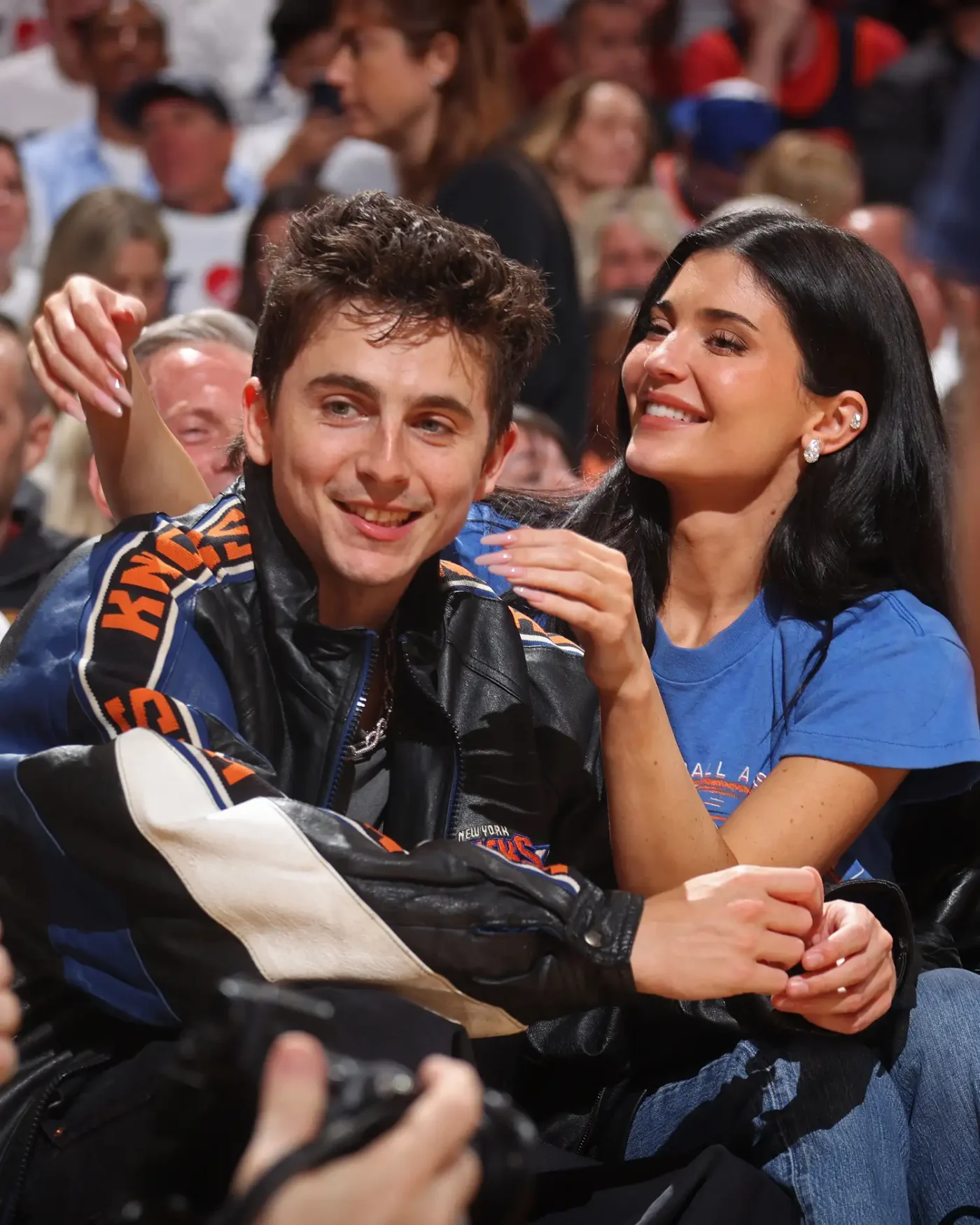 Kylie Jenner and Timothee Chalamet attend the New York Knicks game against the Cleveland Cavaliers on May 25, 2026 in Cleveland