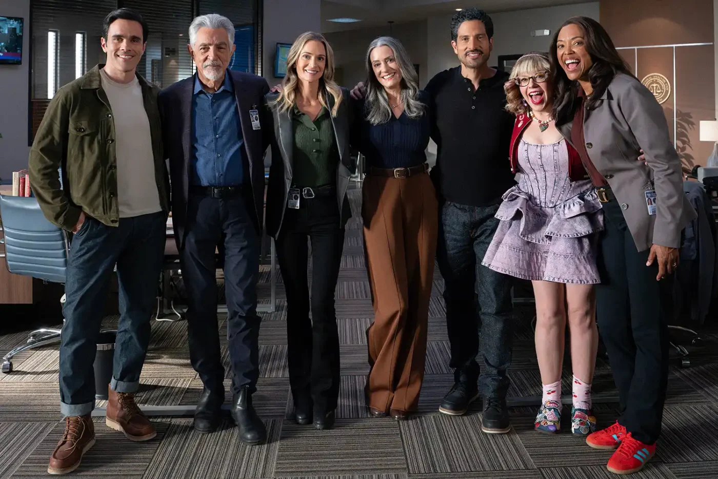 L-R: BTS of RJ Hatanaka as Tyler Green, Joe Mantegna as David Rossi, A.J. Cook as Jennifer ‘JJ’ Jareau, Paget Brewster as Emily Prentiss, Adam Rodriguez as Luke Alvez, Kirsten Vangsness as Penelope Garcia, and Aisha Tyler as Dr. Tara Lewis on the set of Criminal Minds: Evolution, season 20 streaming on Paramount+, 2027