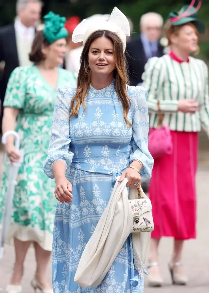 Lady Natasha Rufus Isaacs wearing a blue patterned dress