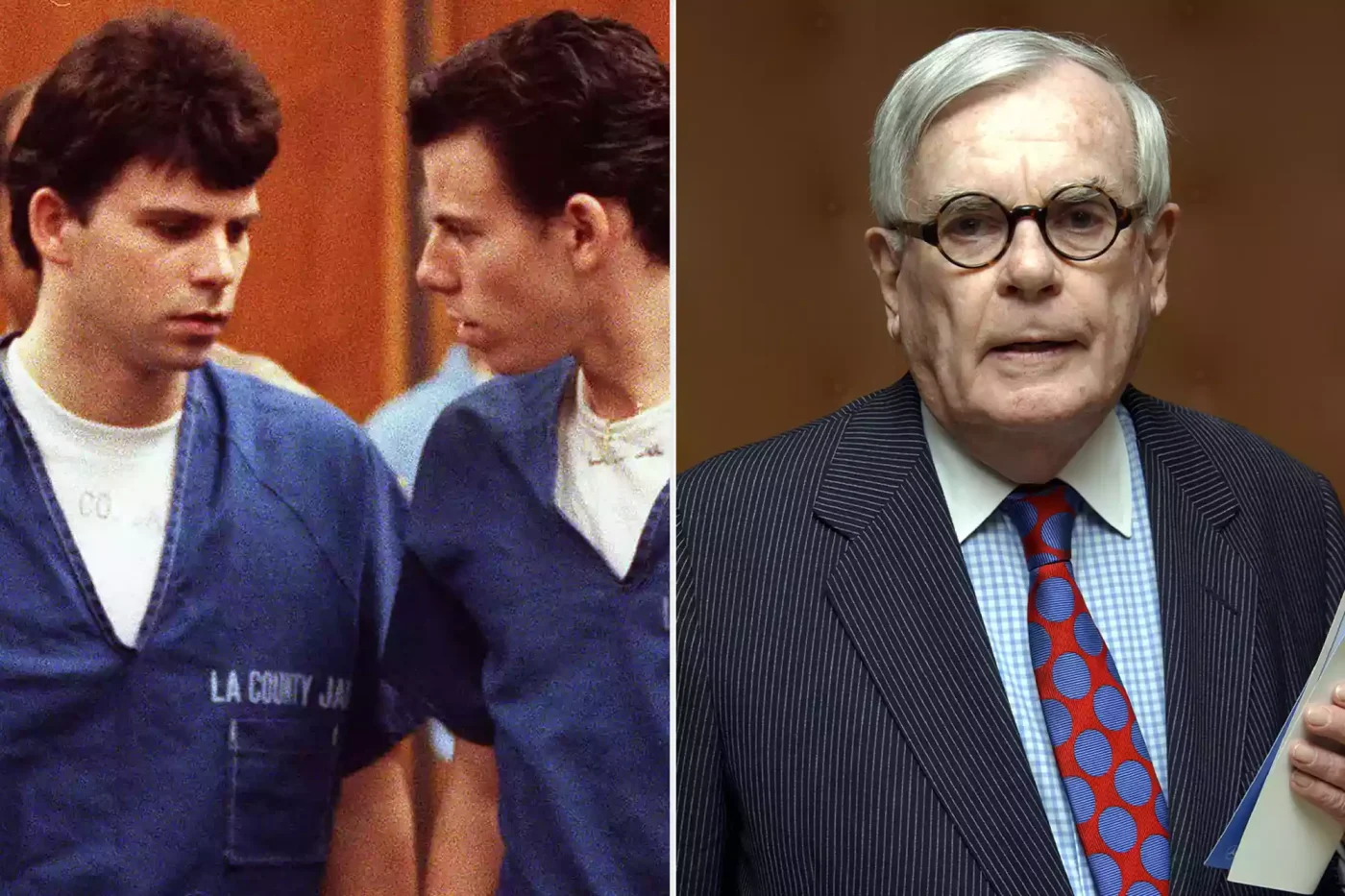 Lyle nd Erik Menendez leave the courtroom in Santa Monica, Calif., on Aug. 6, 1990. Dominique Dunne during Miramax Pre-Oscar Party.