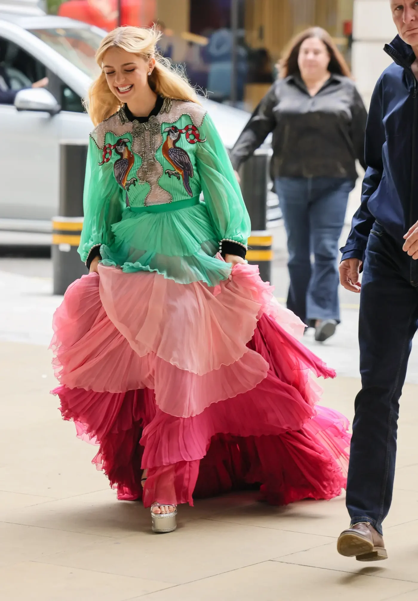 Mckenna Grace arrives at the BBC Radio studios in a flamenco-inspired Gucci dress.