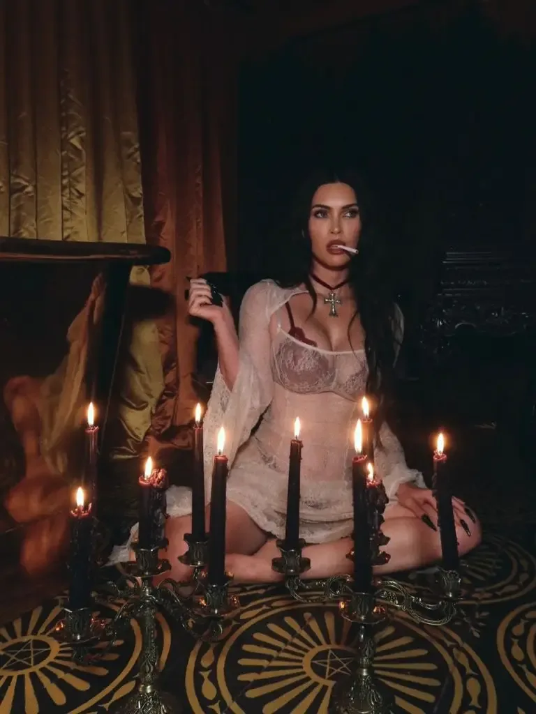 Megan wore red lace lingerie and a see through dress