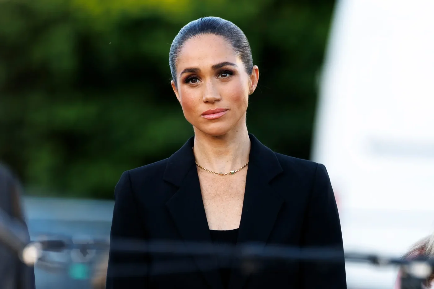 Meghan Markle, the Duchess of Sussex, wearing a black blazer.