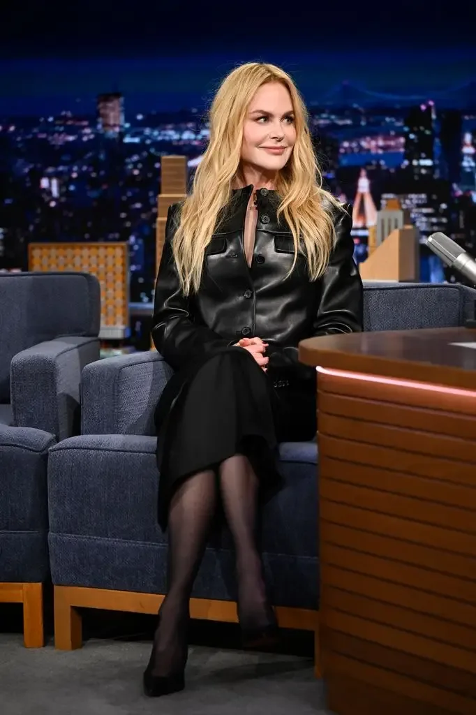 Nicole Kidman in leather jacket and skirt