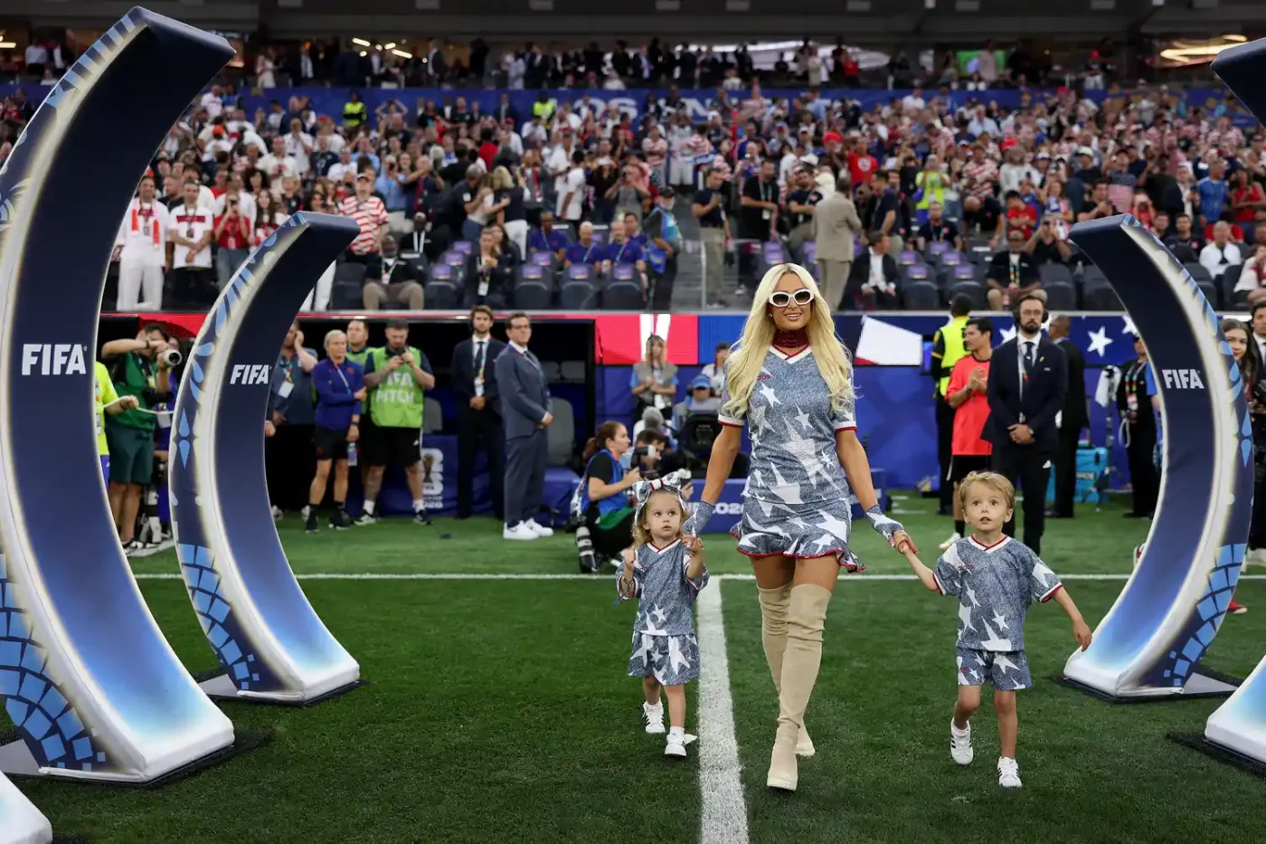 Paris Hilton and her children are seen before the FIFA World Cup 2026 match on June 25, 2026 in Los Angeles