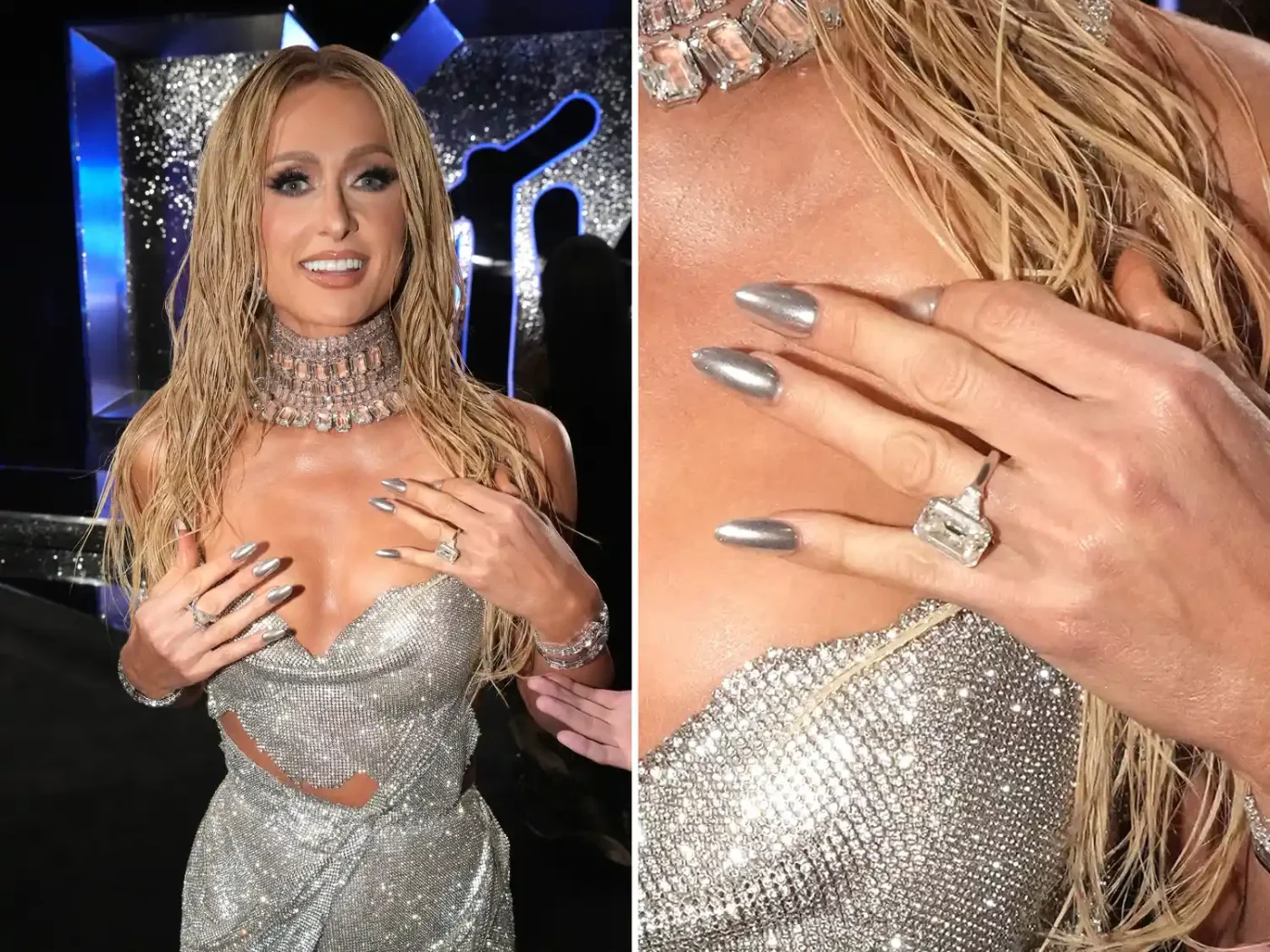 Paris Hilton displays an engagement ring on her finger wearing a shimmering outfit with long metallic nails closeup to ring detail