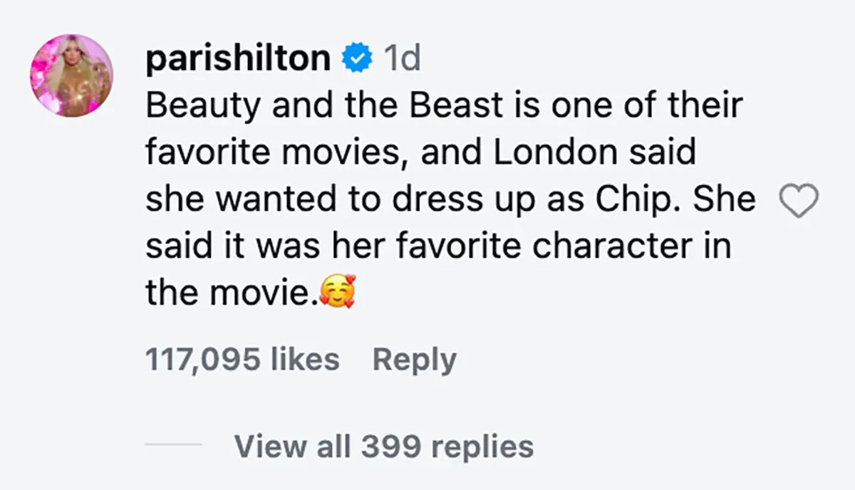 Paris Hilton social post mentioning Beauty and the Beast and her child wanting to dress as Chip