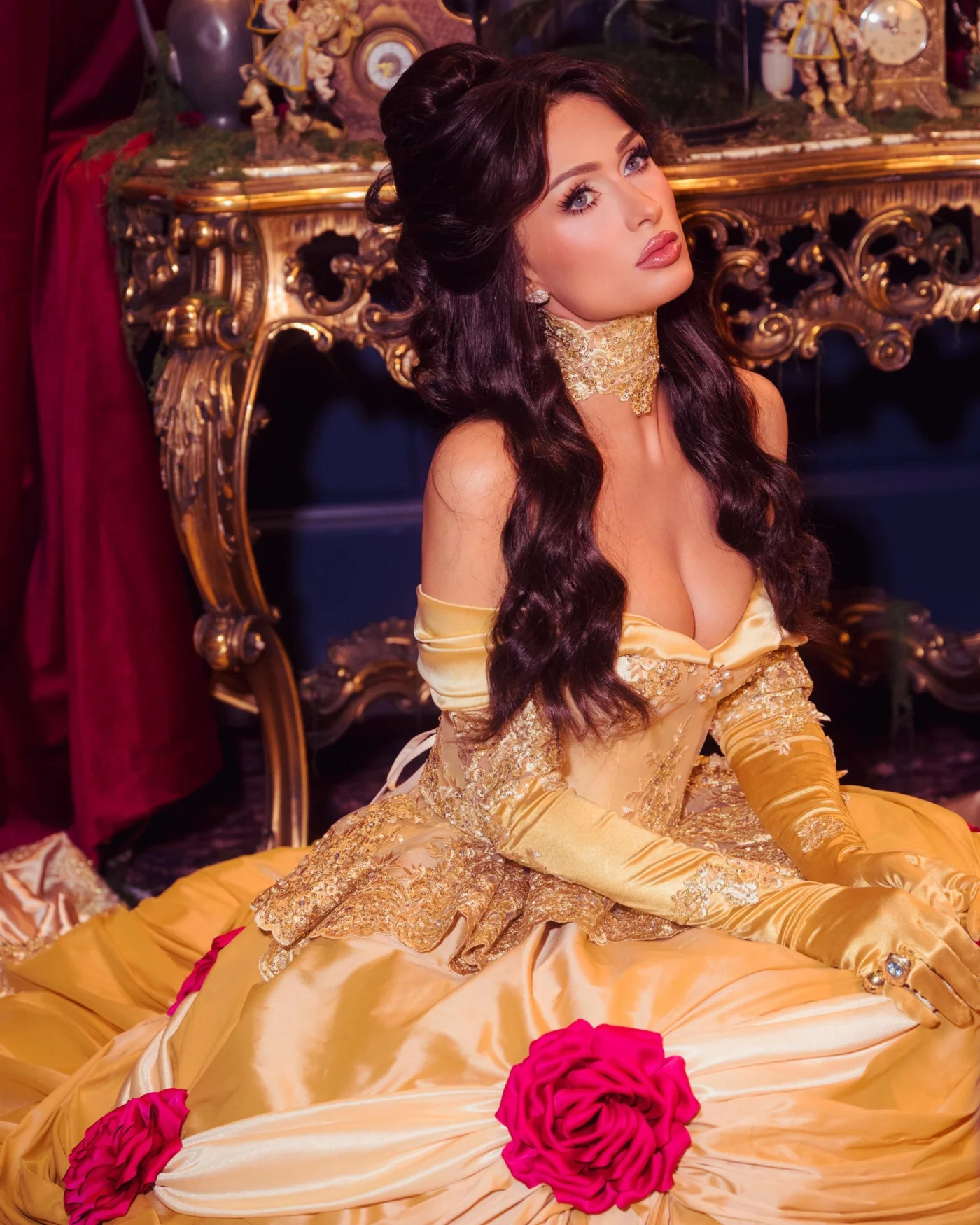 Paris Hilton wearing a Beauty and the Beast costume.