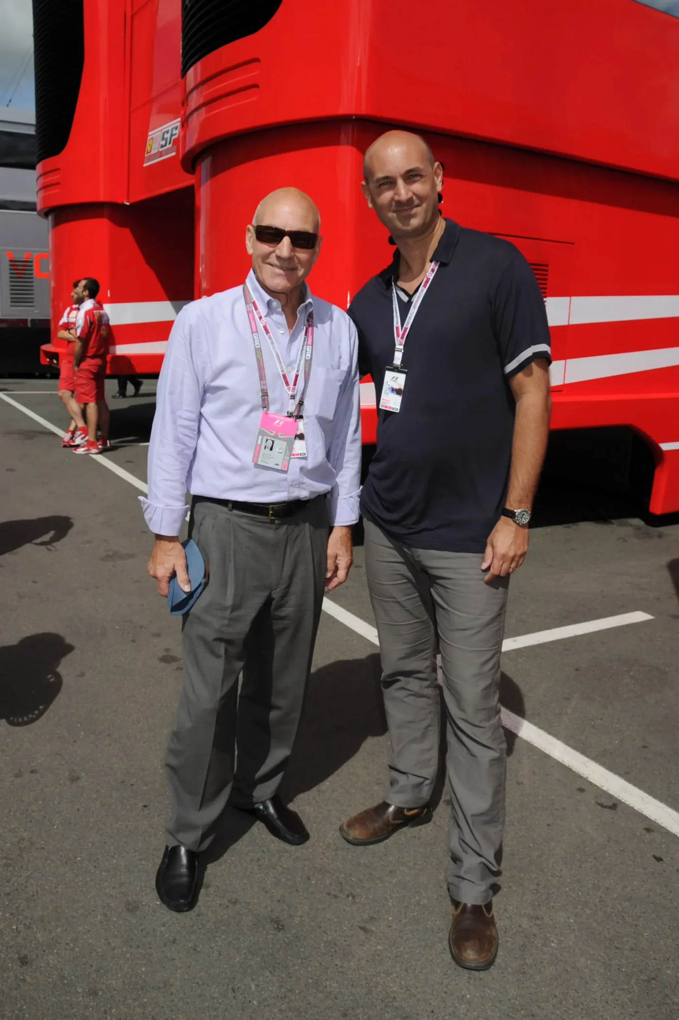 Patrick Stewart and Daniel Stewart visit the F1 paddock in Silverstone.