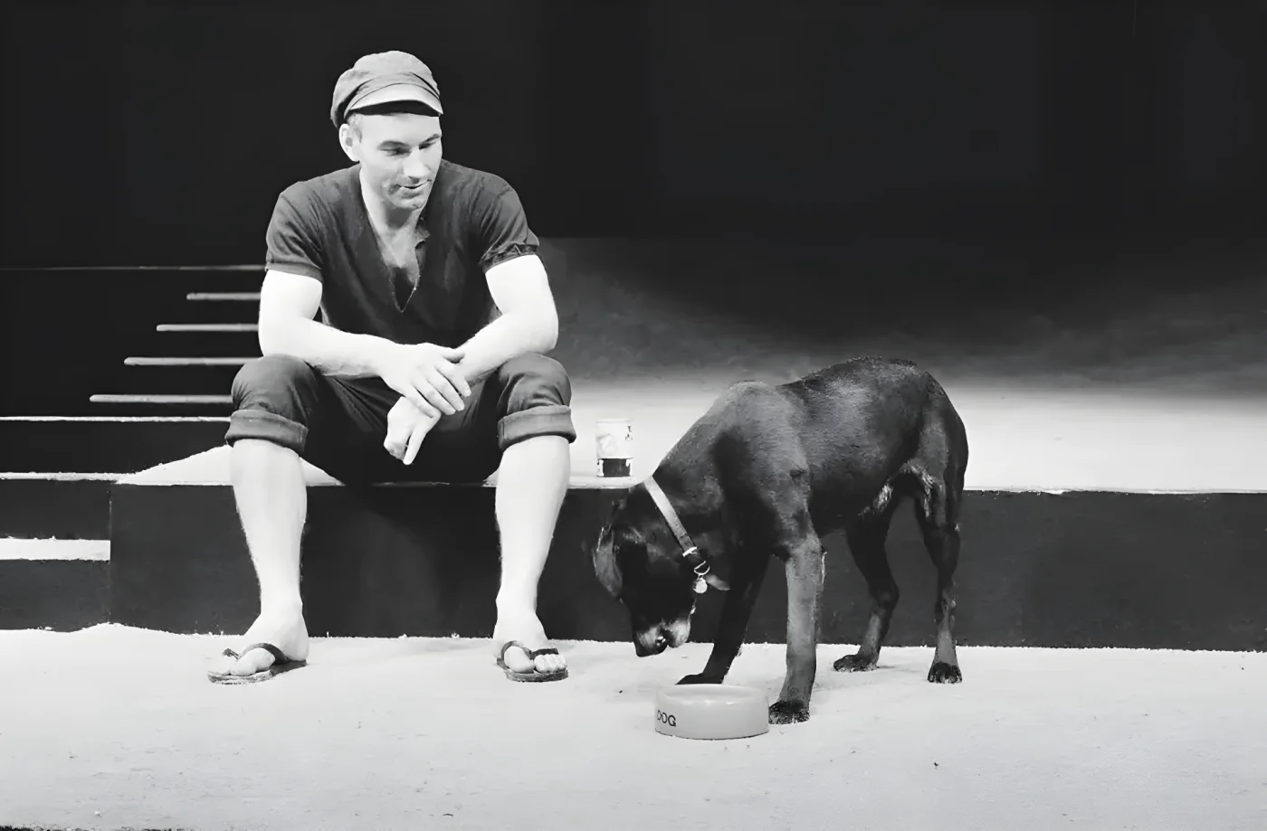 Patrick Stewart as Launce, with his dog Crab, during rehearsals for Robin Phillips' production of 'Two Gentlemen Of Verona' for the Royal Shakespeare Company, London, 15th September 1970.