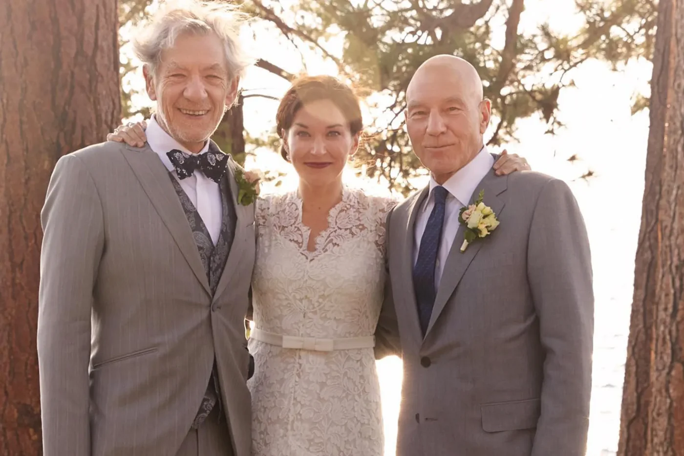 Patrick Stewart, Sunny Ozell and Ian McKellen posing at their wedding