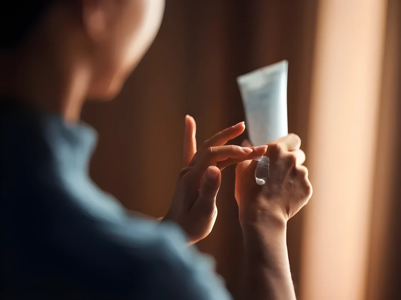 Person applying lotion from a tube onto their hand in a softly lit environment