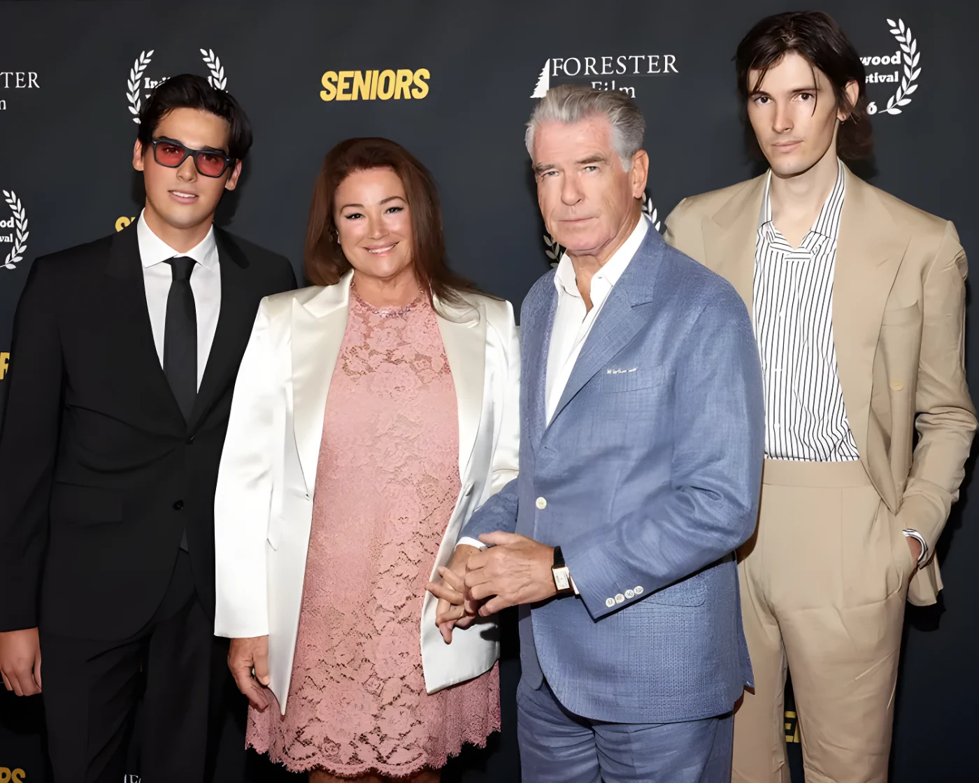 Pierce Brosnan and wife Keely with sons Paris Brosnan (L) and Dylan Brosnan (R) at the premiere of