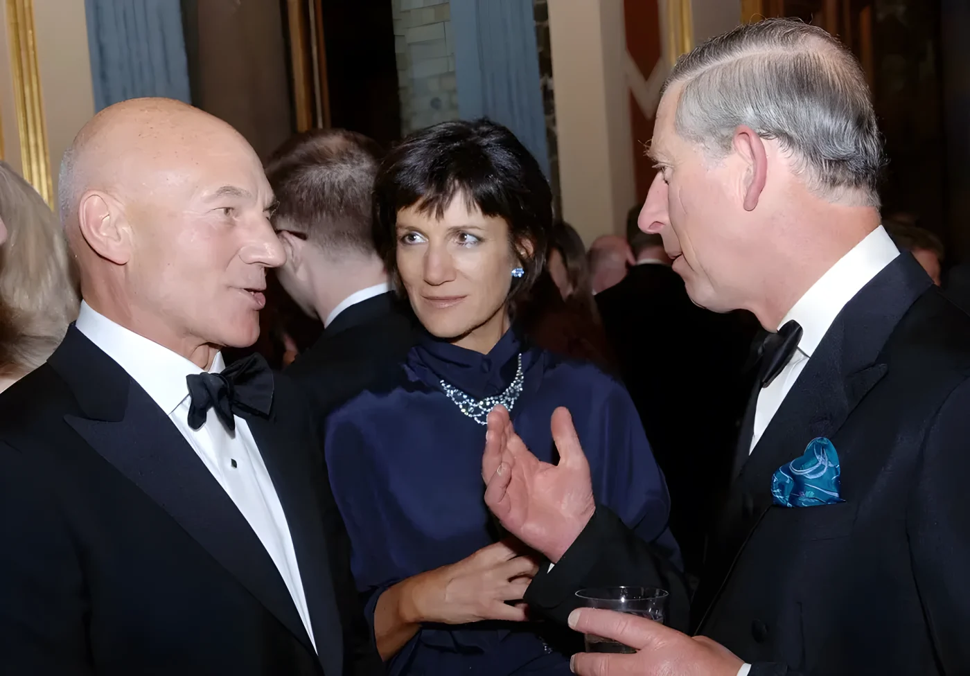 Prince Charles (R) chats with actors Patrick Stewart and Harriet Walter at the Royal Shakespeare Company's gala dinner held to raise money for the RSC's 'Complete Works Festival'