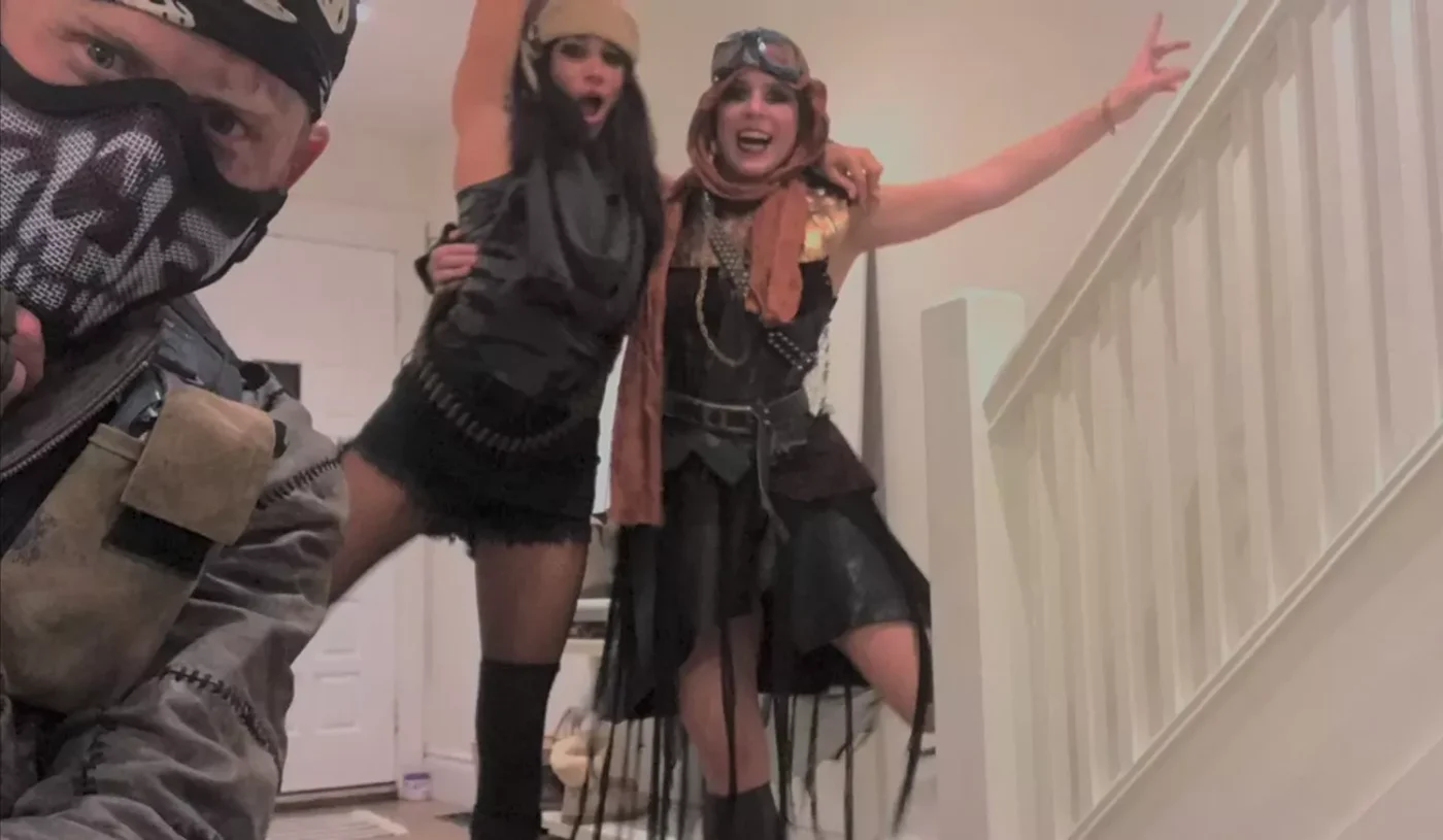 Prince Harry, Princess Eugenie and Meghan Markle wearing apocalyptic Halloween costumes on October 31, 2016.