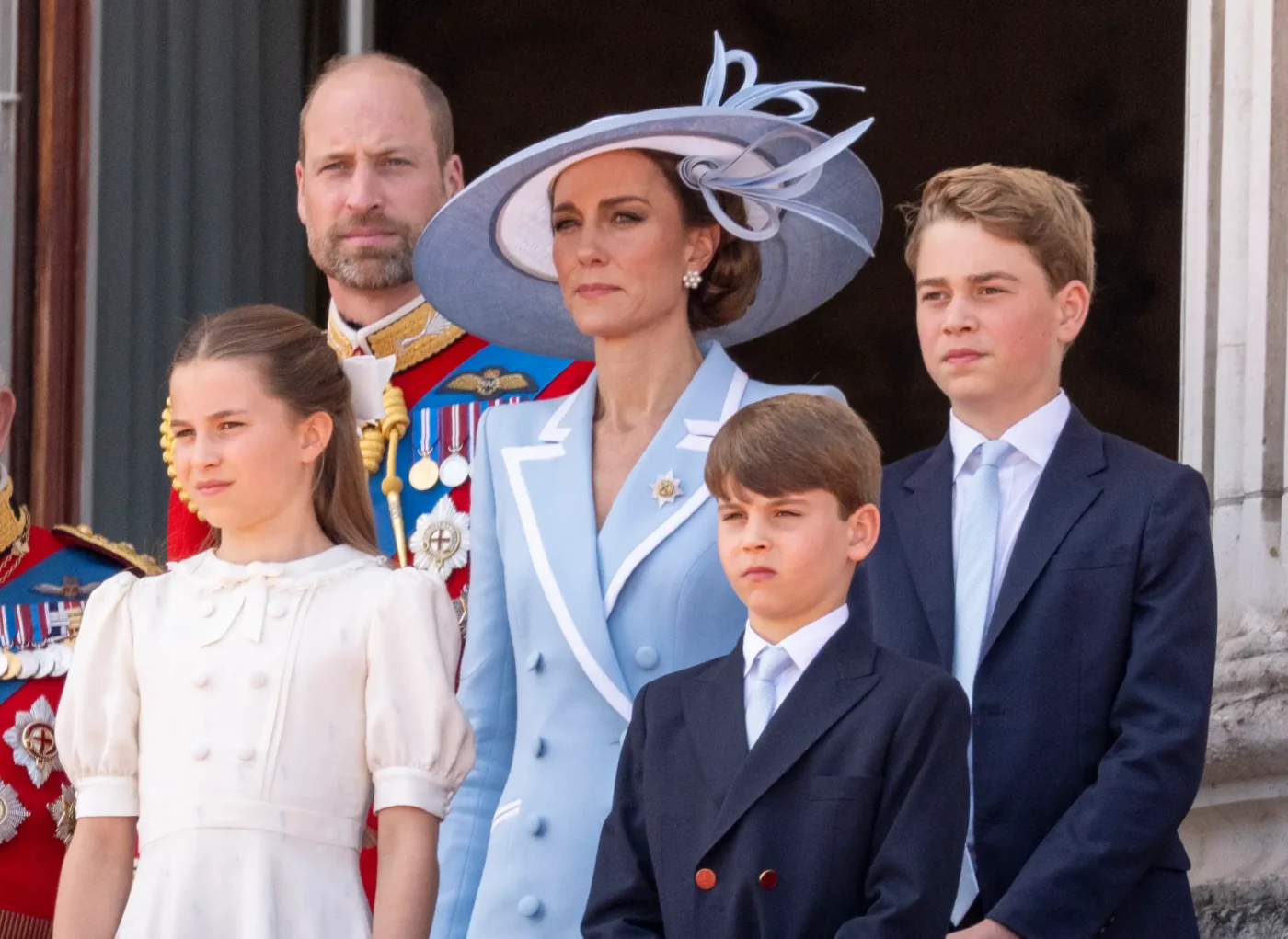 Prince William, Catherine, Princess of Wales, and their children Prince George, Princess Charlotte, and Prince Louis at Trooping the Colour.