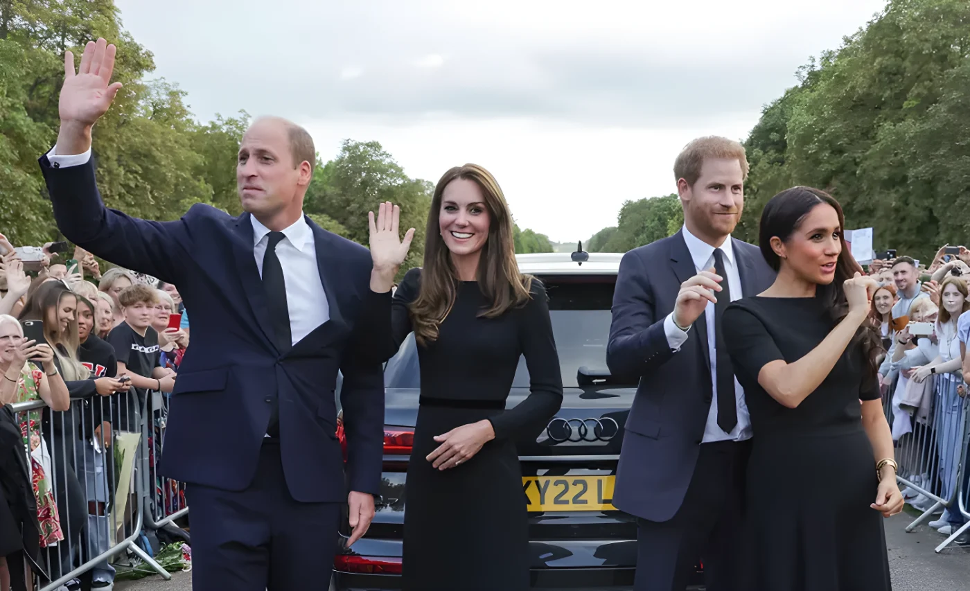 Prince William Kate Prince Harry and Meghan greeting a crowd outdoors waving to gathered onlookers