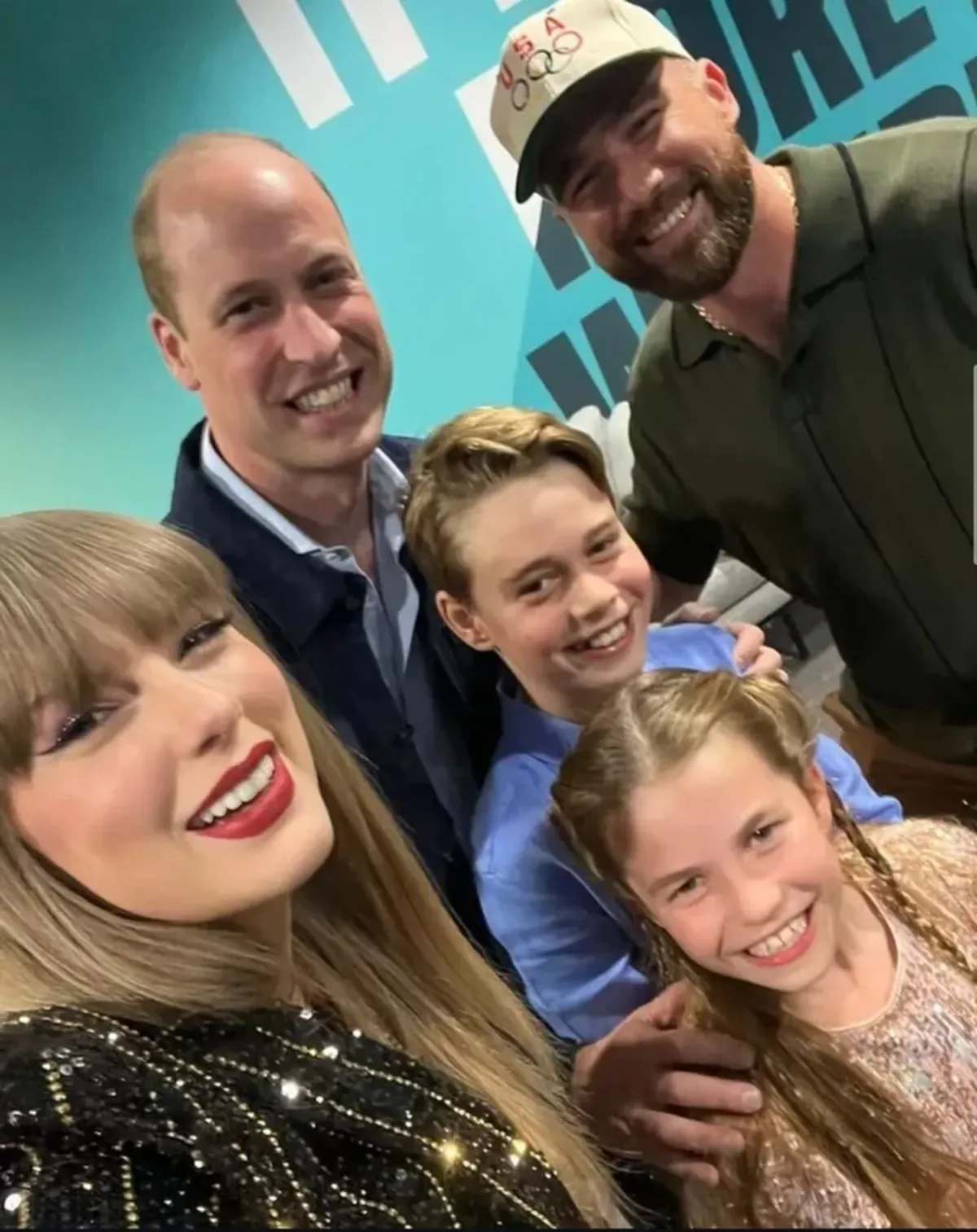 Prince William posing with Taylor Swift and Travis Kelce and his kids Prince George and Princess Charlotte