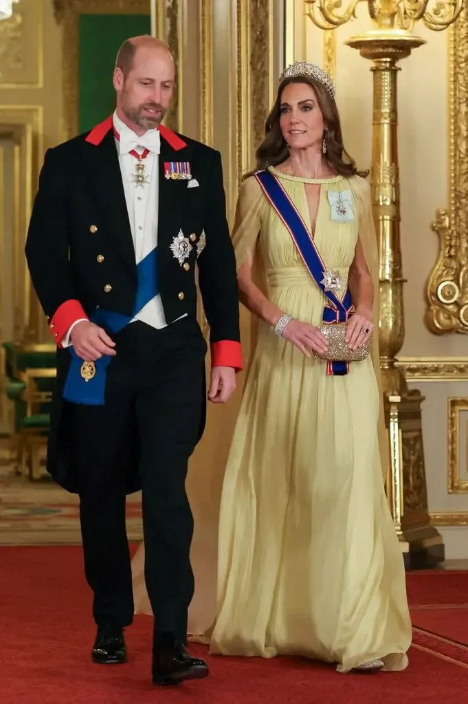 Prince William, Prince of Wales and Catherine, Princess of Wales arrive for the state banquet for the Sultan of Oman